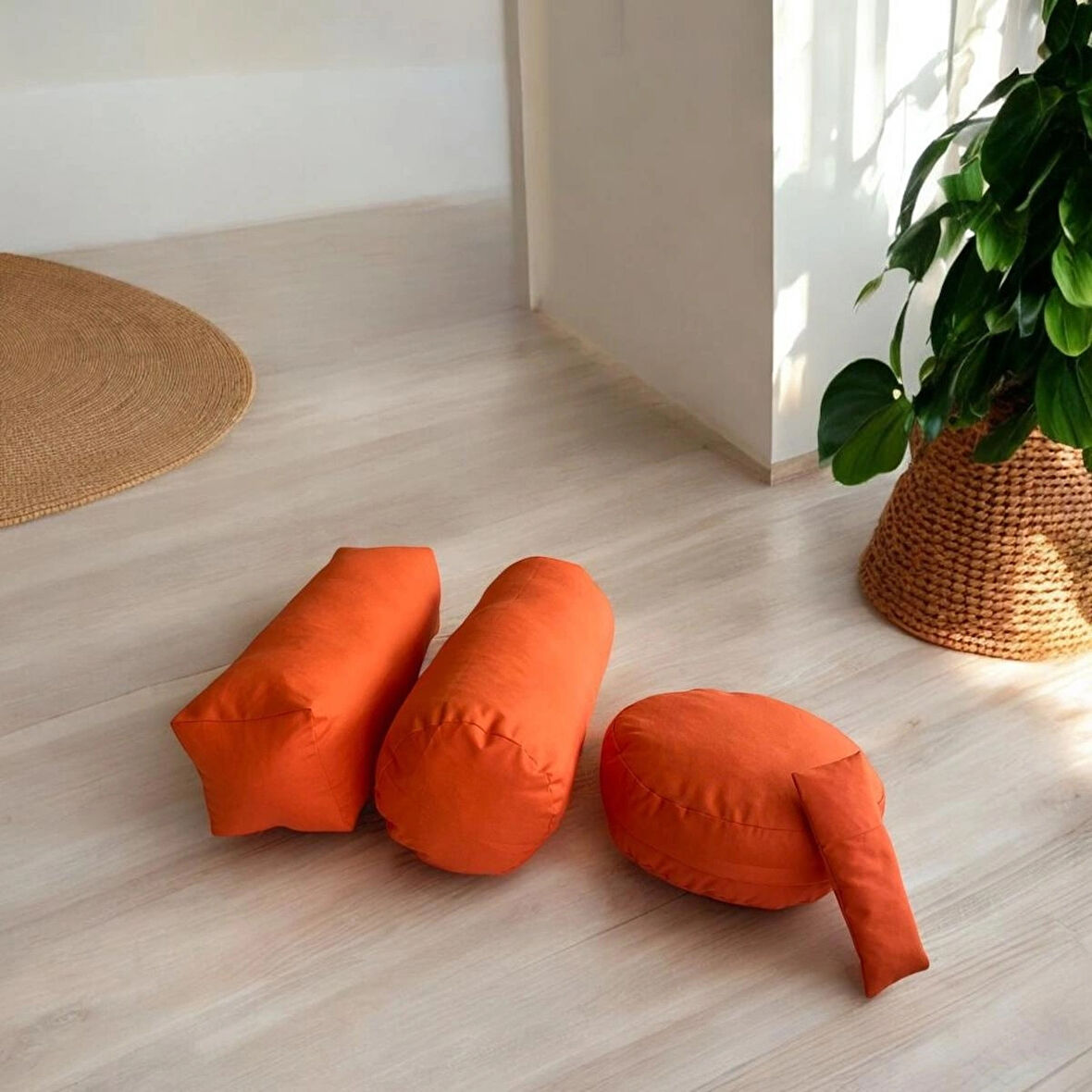 Dolgusuz Meditasyon Minderi, Silindir ve Kare Bolster ve Göz Yastığı 4'lü Meditasyon Seti Kılıfı Turuncu 