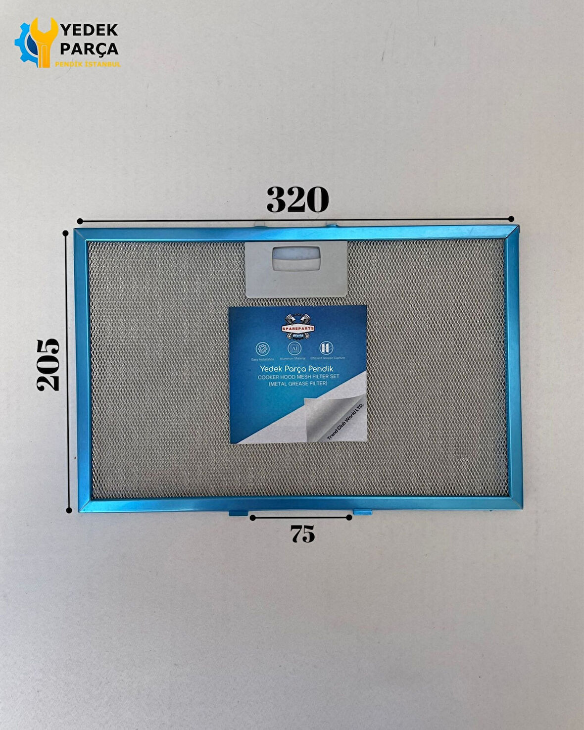 En 320mm Boy 205mm Arka Tırnak Arası 75mm Aspratör Filtresi