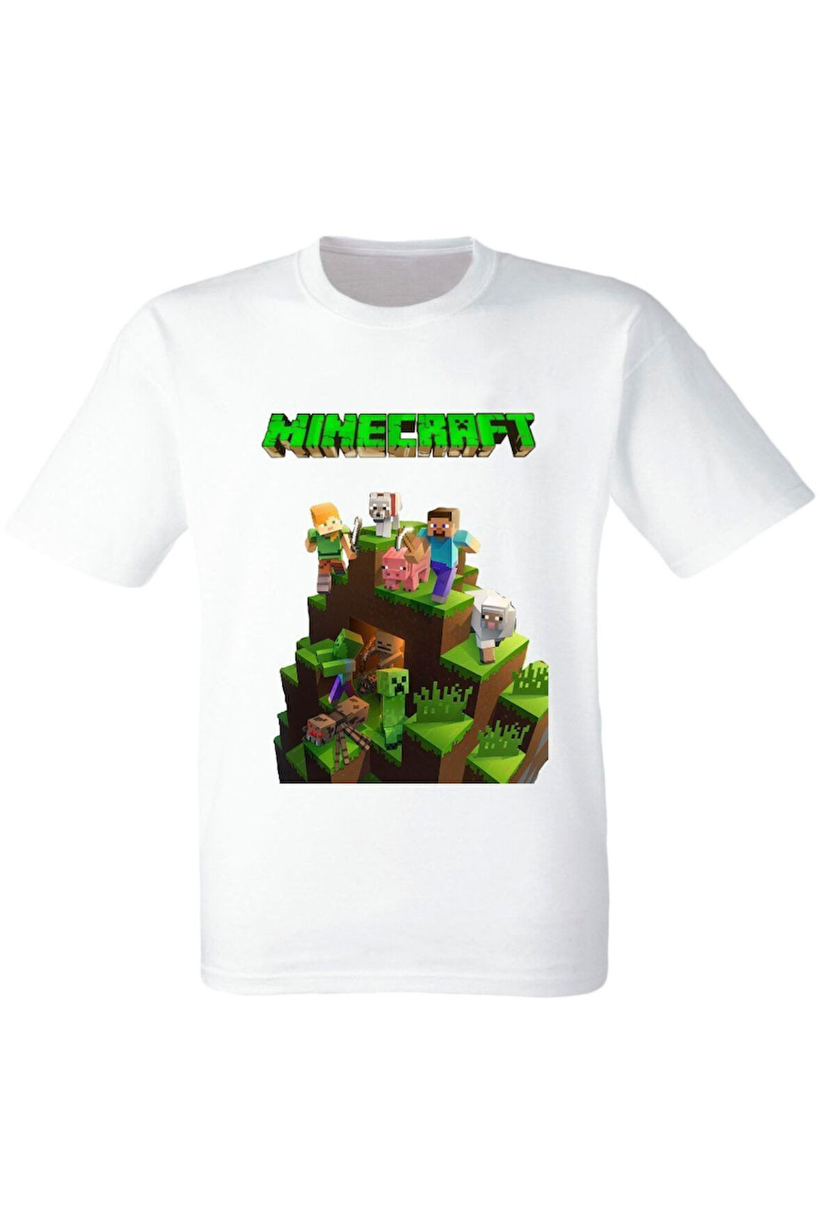 Karışık Minecraft Baskılı Beyaz Tişört