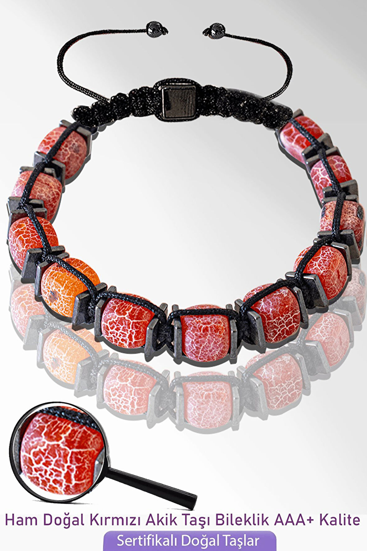 Sertifikalı Küp Model Doğal Ham Kırmızı Akik Taşı Bileklik - Ayarlamalı