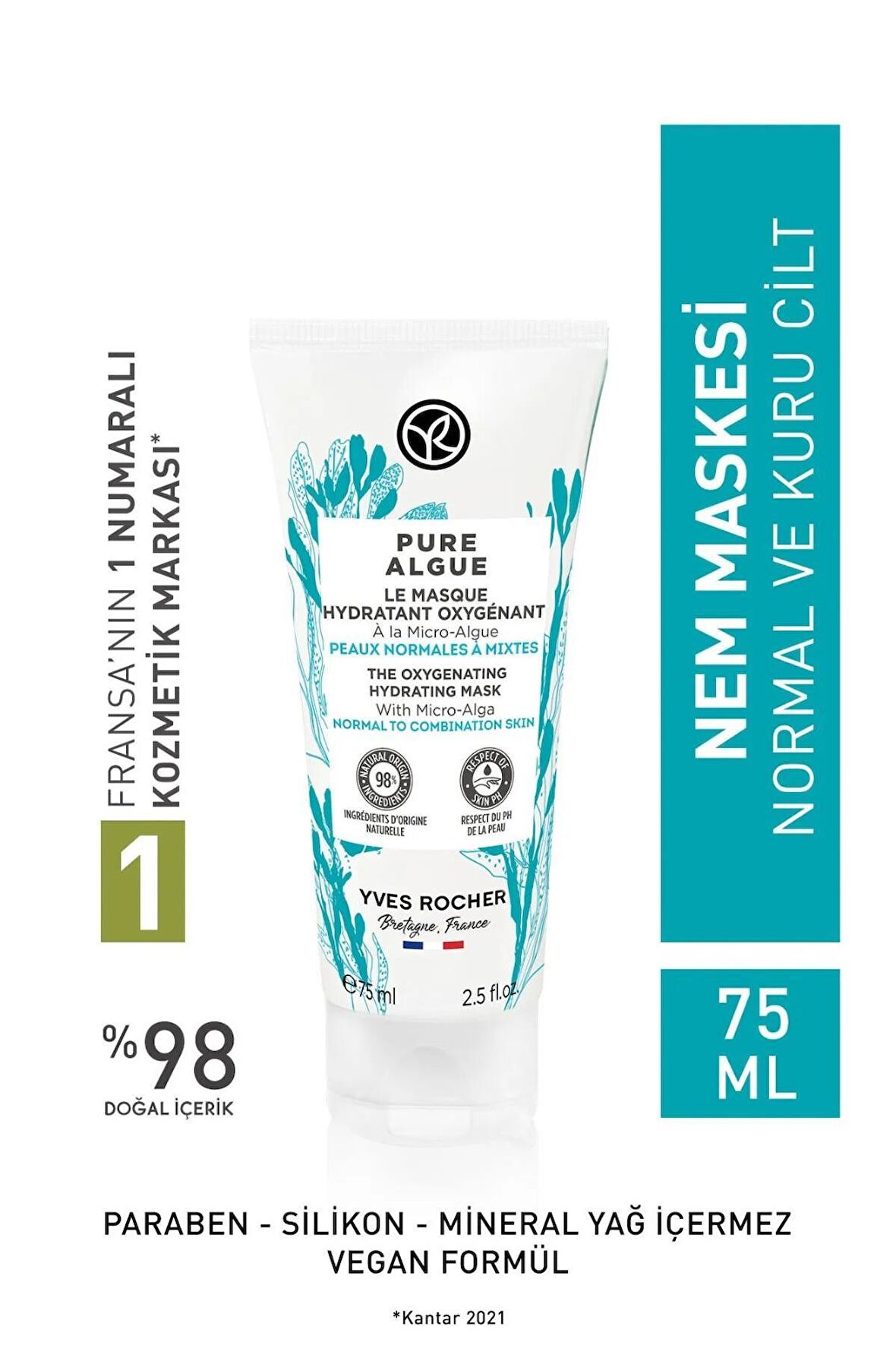 YVES ROCHER Normal Ve Kuru Ciltler Için Pure Algue Prebiyotik Nem Maskesi-75 ml