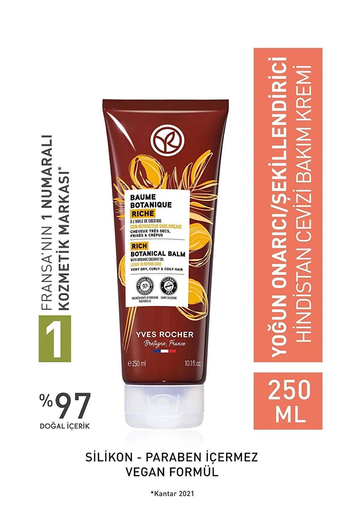 YVES ROCHER Yoğun Onarıcı/Şekillendirici (Baume Botanique) Hindistan Cevizi Prebiyotik Bakım Kremi-Vegan-250 ml