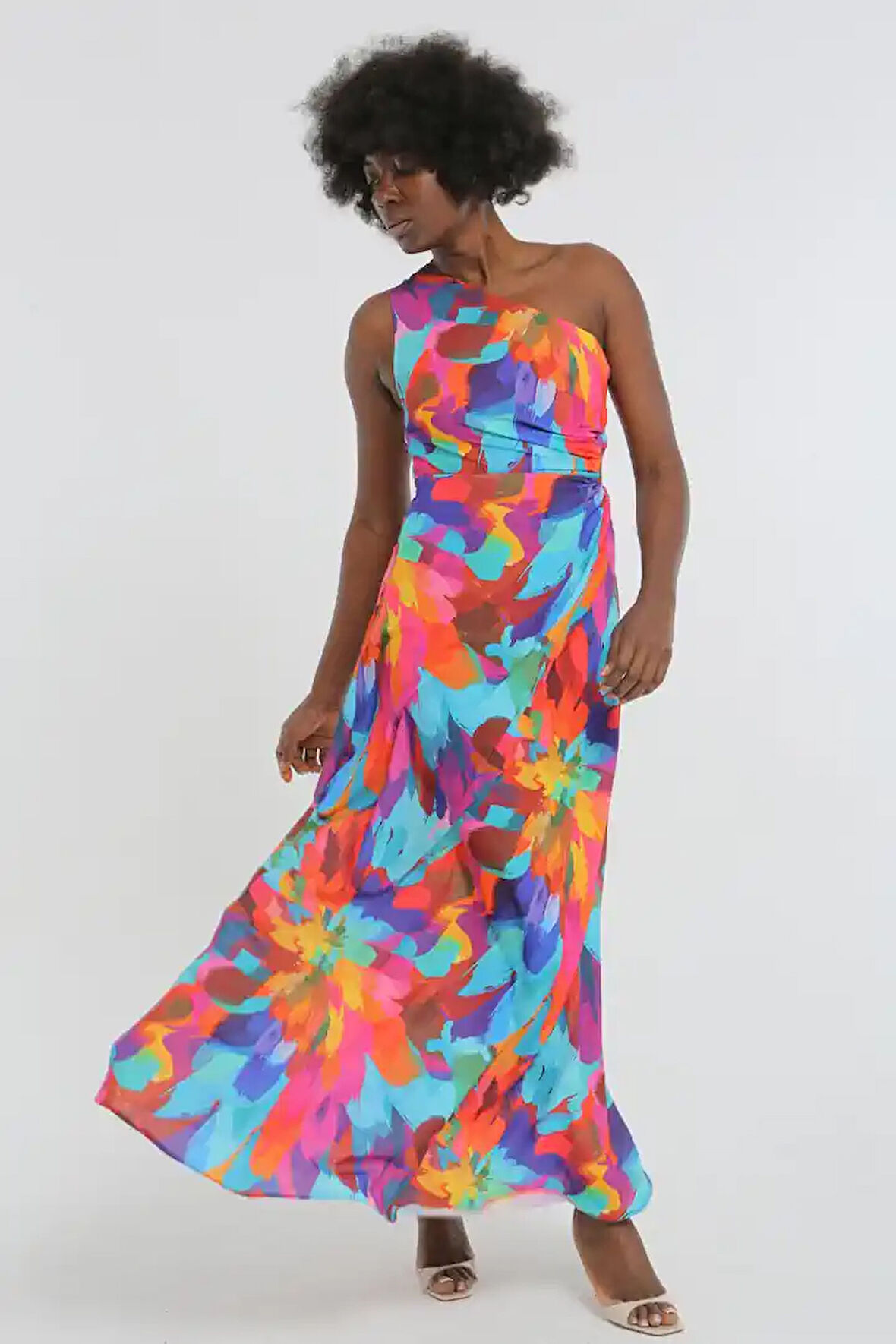 Çok Renkli Tek Omuz Maxi Kadın Elbise