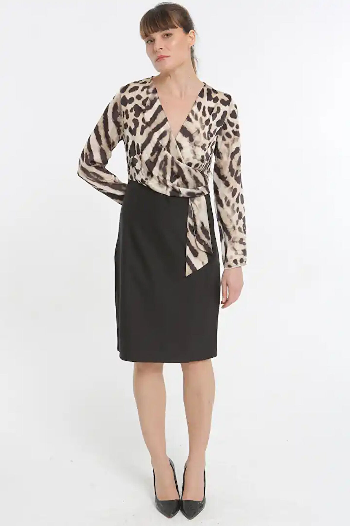 Leopar Gömlekli Kadın Kalem Elbise