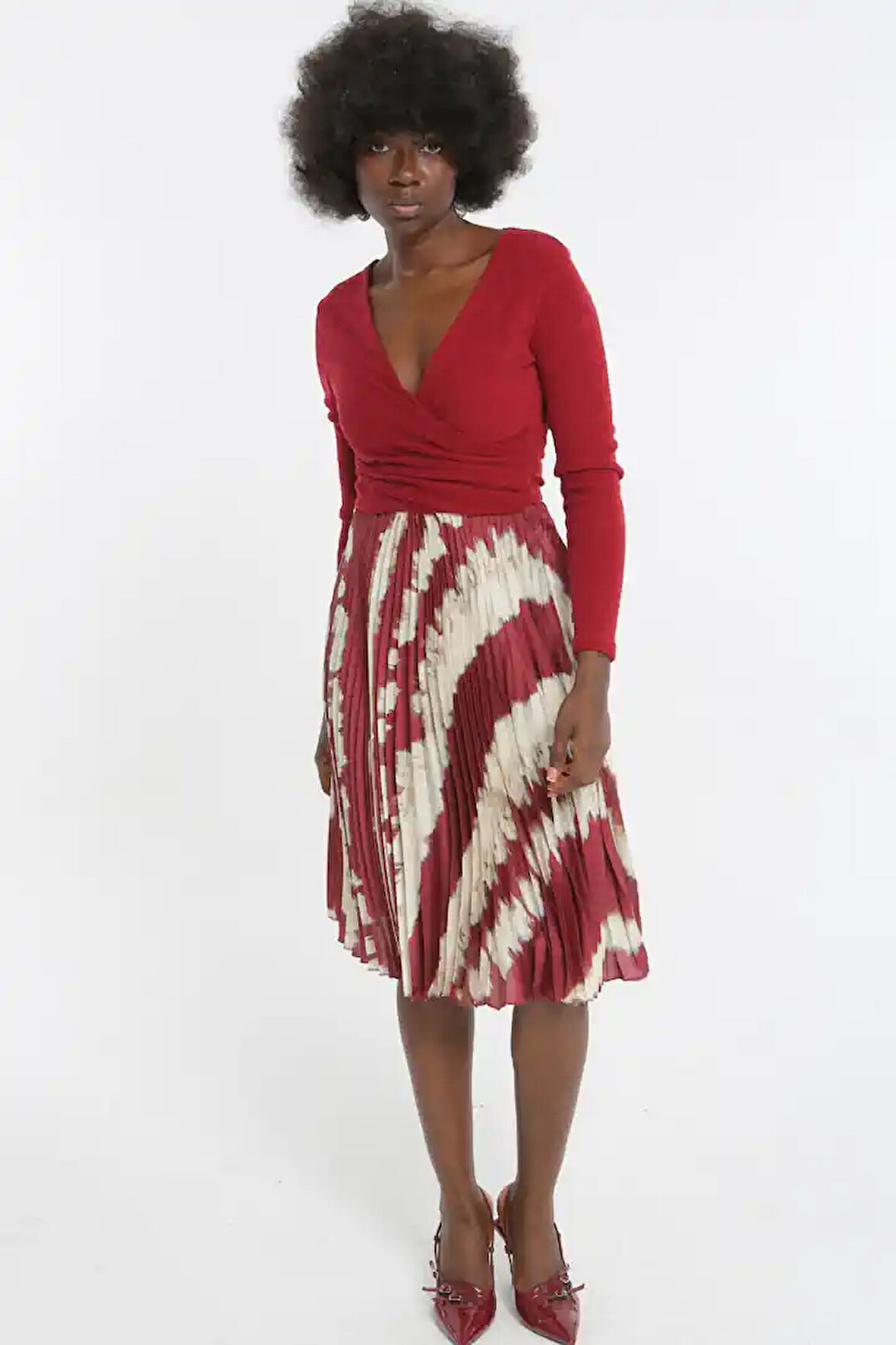 Üstü Triko Altı Desenli Kadın Saten Elbise