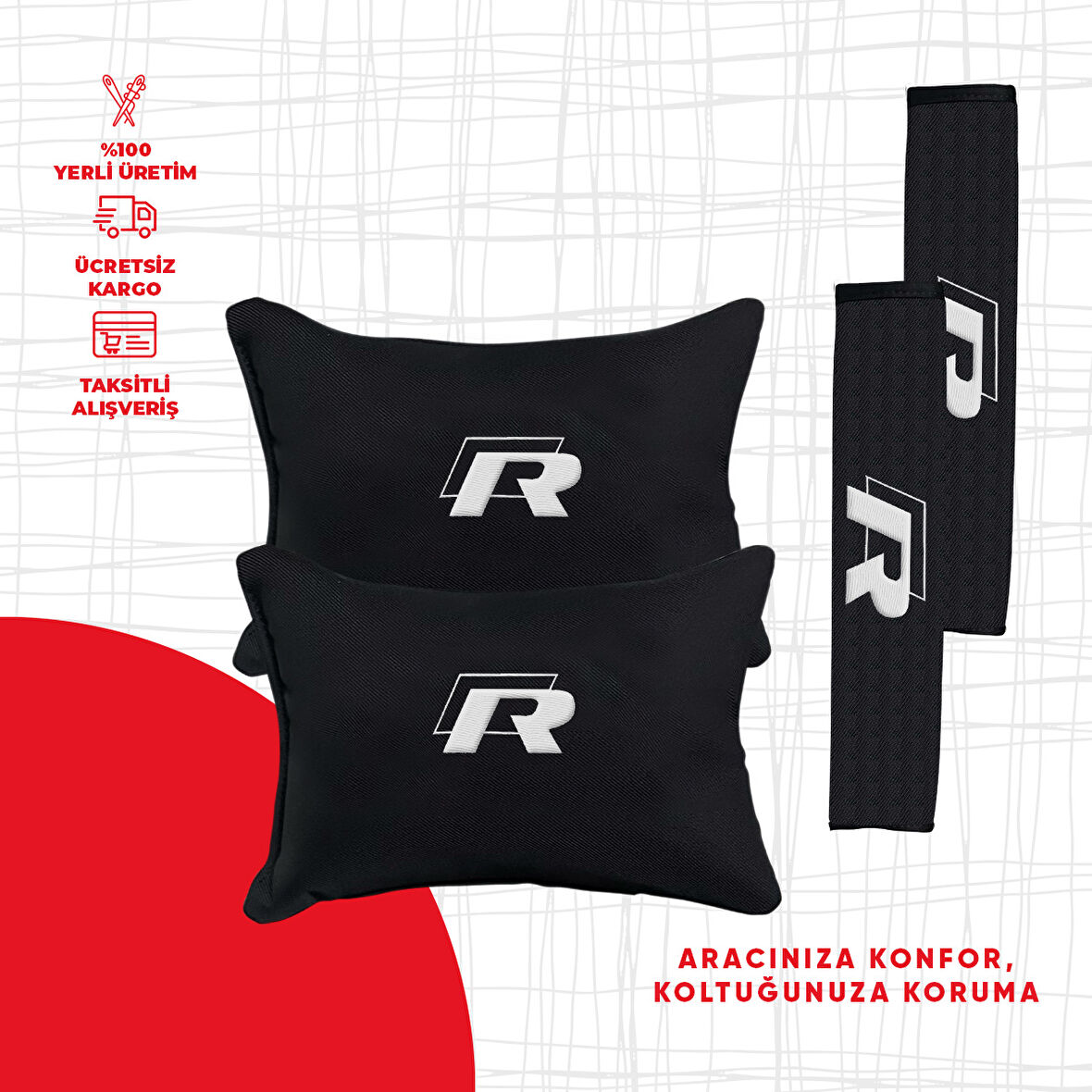 Volkswagen Eski R Logo Nakışlı Yastık Seti