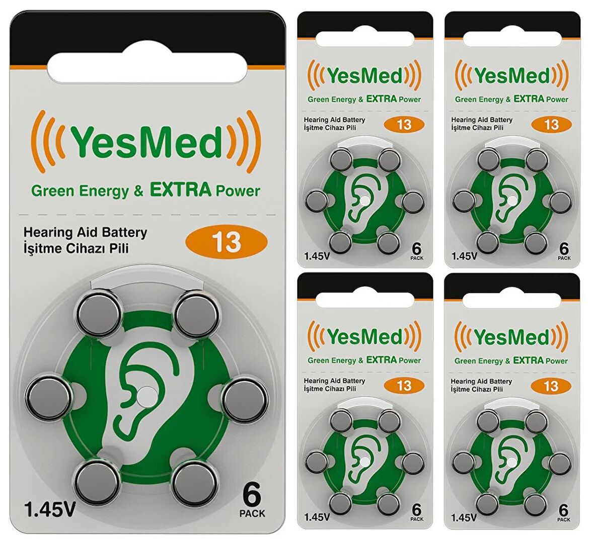 YesMed Extra Power 13 Numara İşitme Cihazı Pili (5 Paket x 6 Adet = 30 Adet Pil)