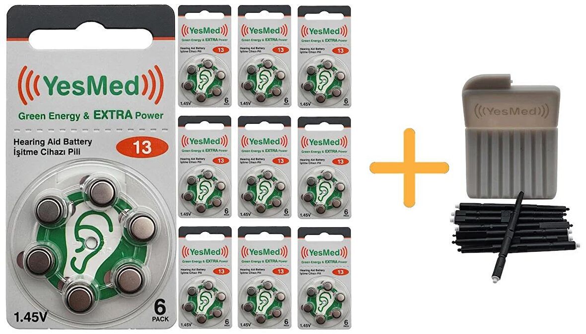 YesMed Extra Power 13 Numara İşitme Cihazı Pili (10 Paket x 6 Adet = 60 Adet Pil) + HEDİYE YesMed WaxStop Filtre