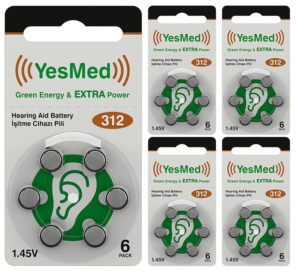 YesMed Extra Power 312 Numara İşitme Cihazı Pili (5 Paket x 6 Adet = 30 Adet Pil)