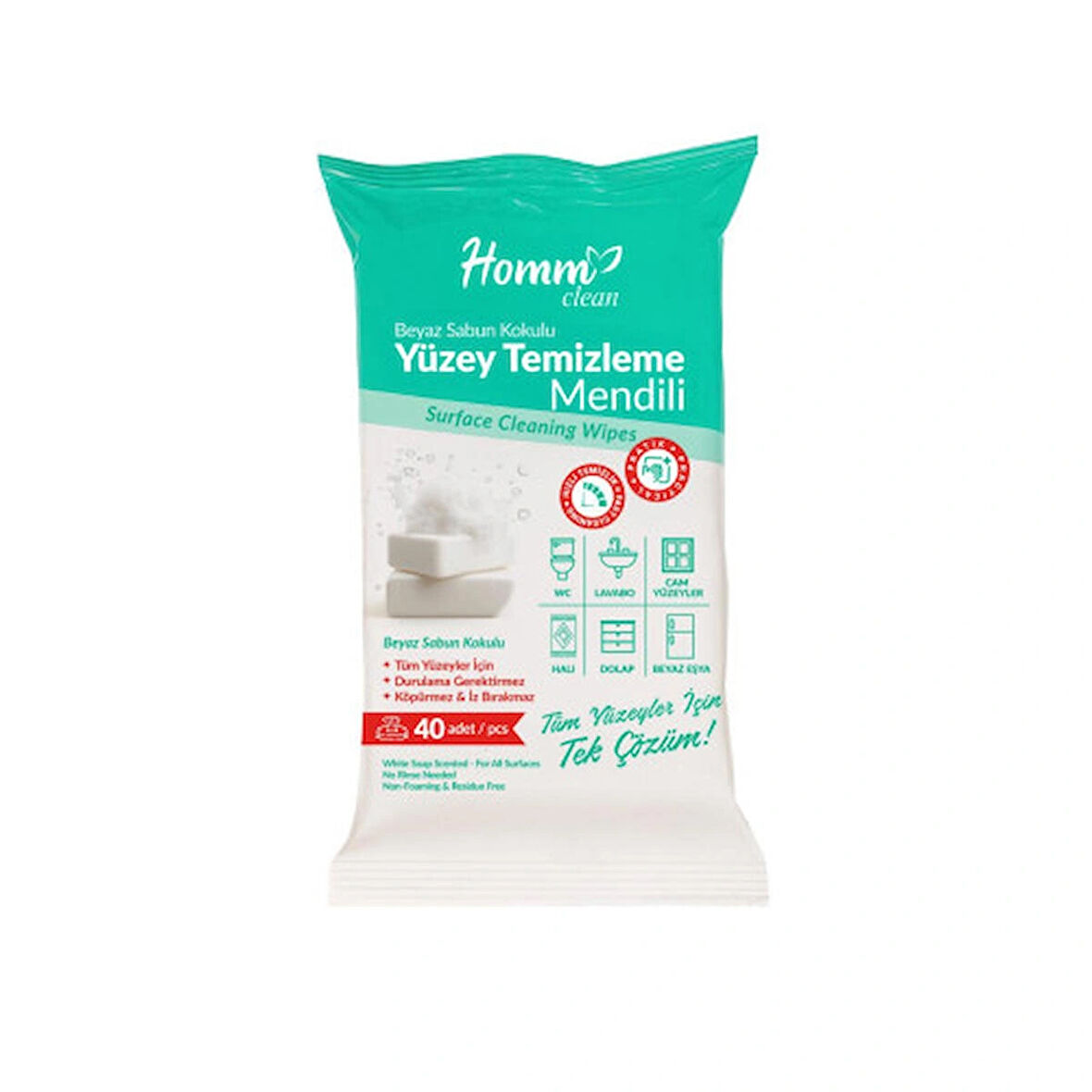 HOMM CLEAN BEYAZ SABUN KOKULU YÜZEY TEMİZLEME MENDİLİ 40 ADET
