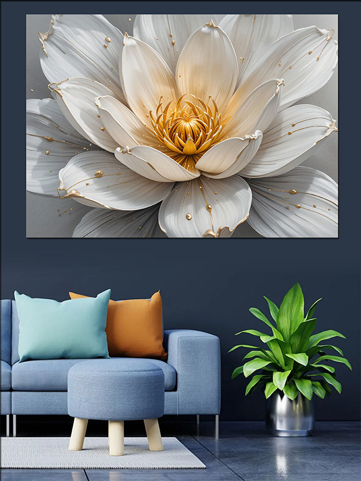 Altın Beyaz Lotus Çiçeği Dekoratif Kanvas - Mdf Ahşap Tablo
