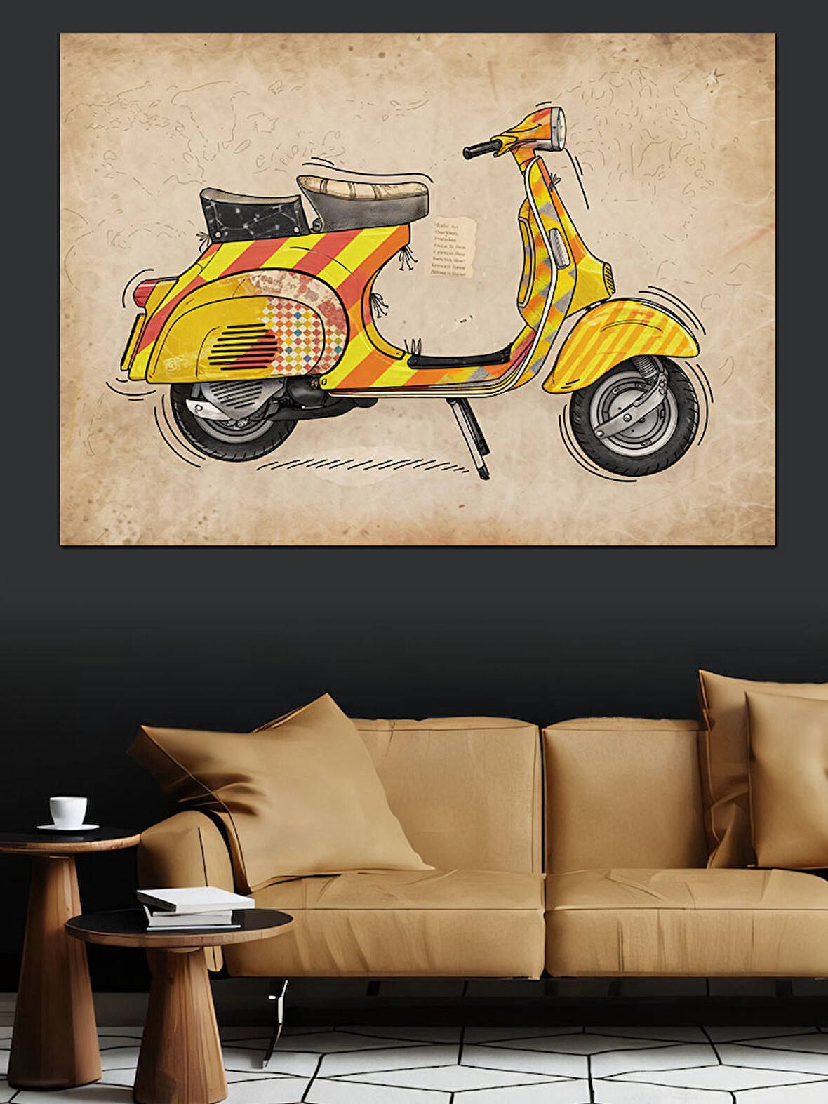 Sarı Retro Vespa Dekoratif Kanvas - Mdf Ahşap Tablo