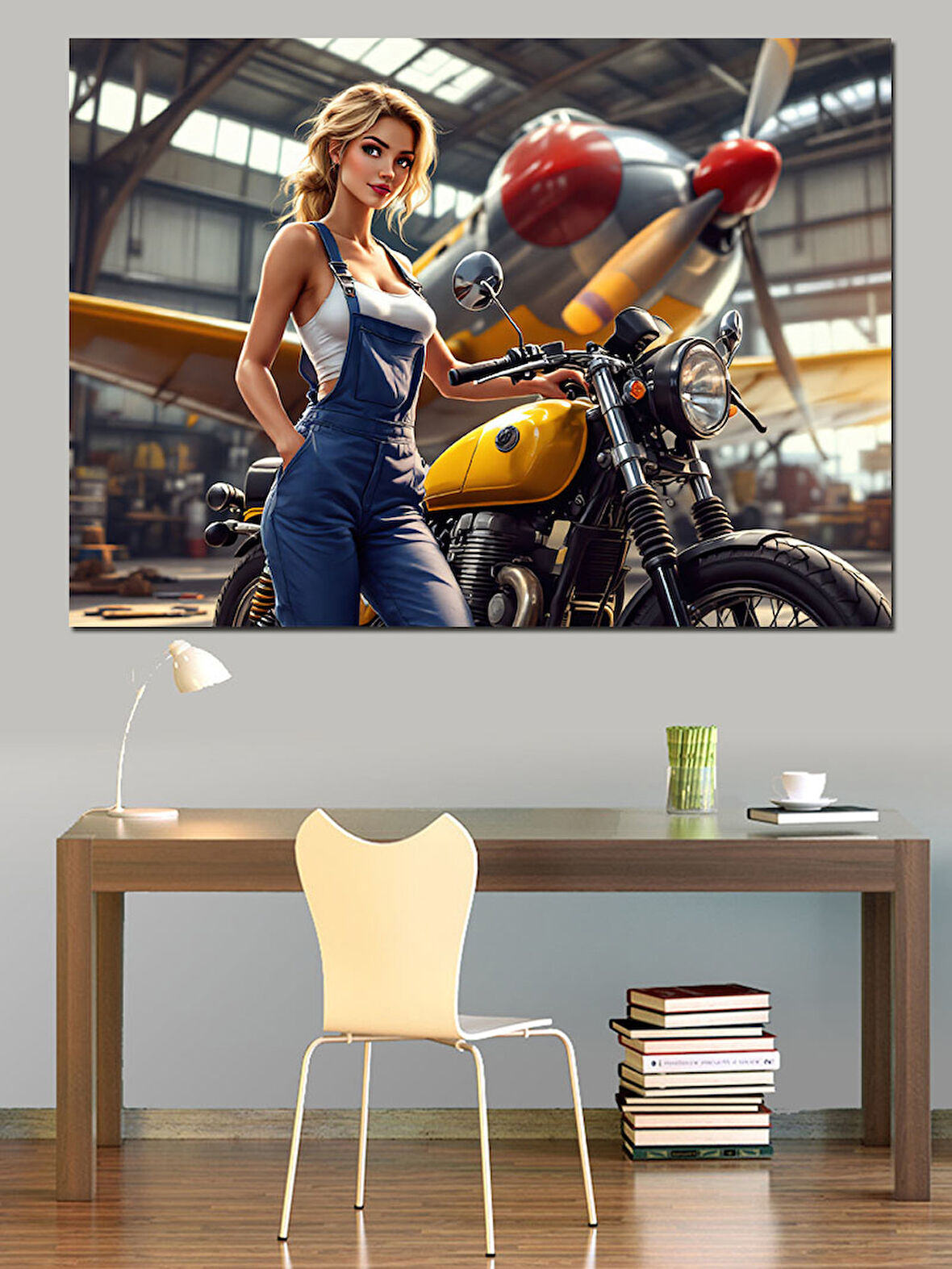 Sarı Motosikletli Kadın Dekoratif Kanvas - Mdf Ahşap Tablo