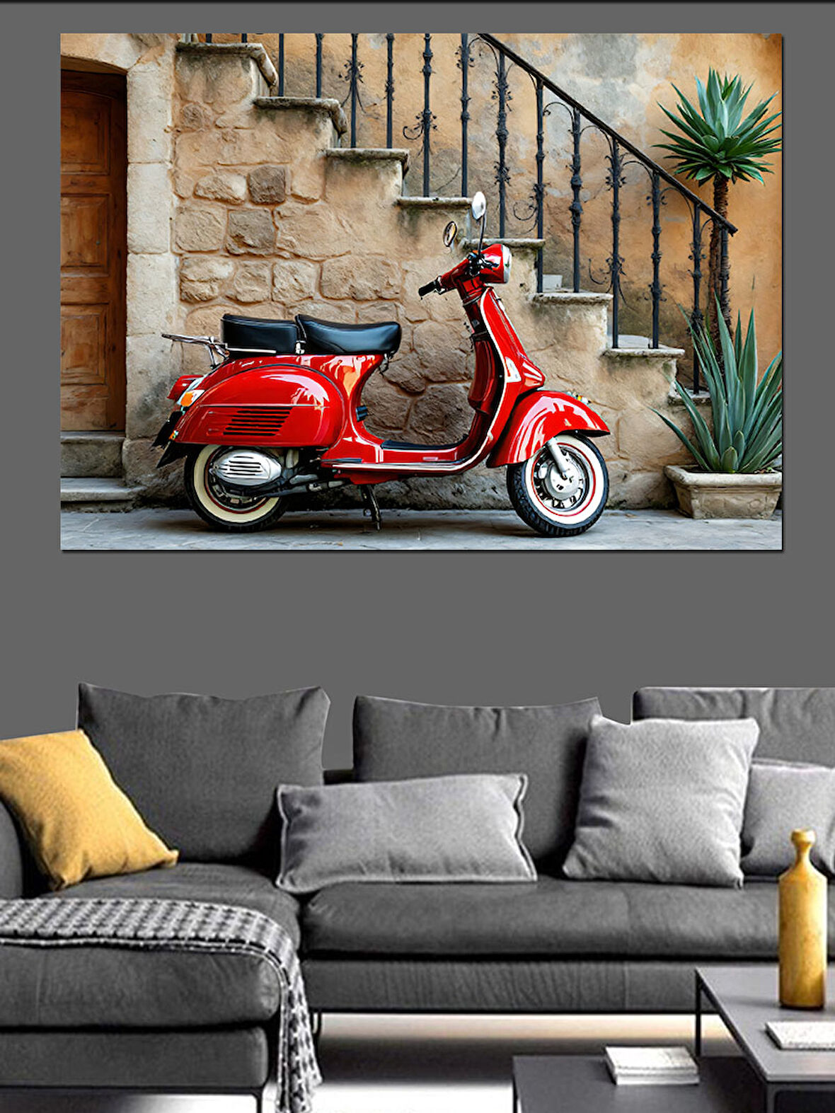 Tarihi Merdivende Kırmızı Vespa Dekoratif Kanvas - Mdf Ahşap Tablo