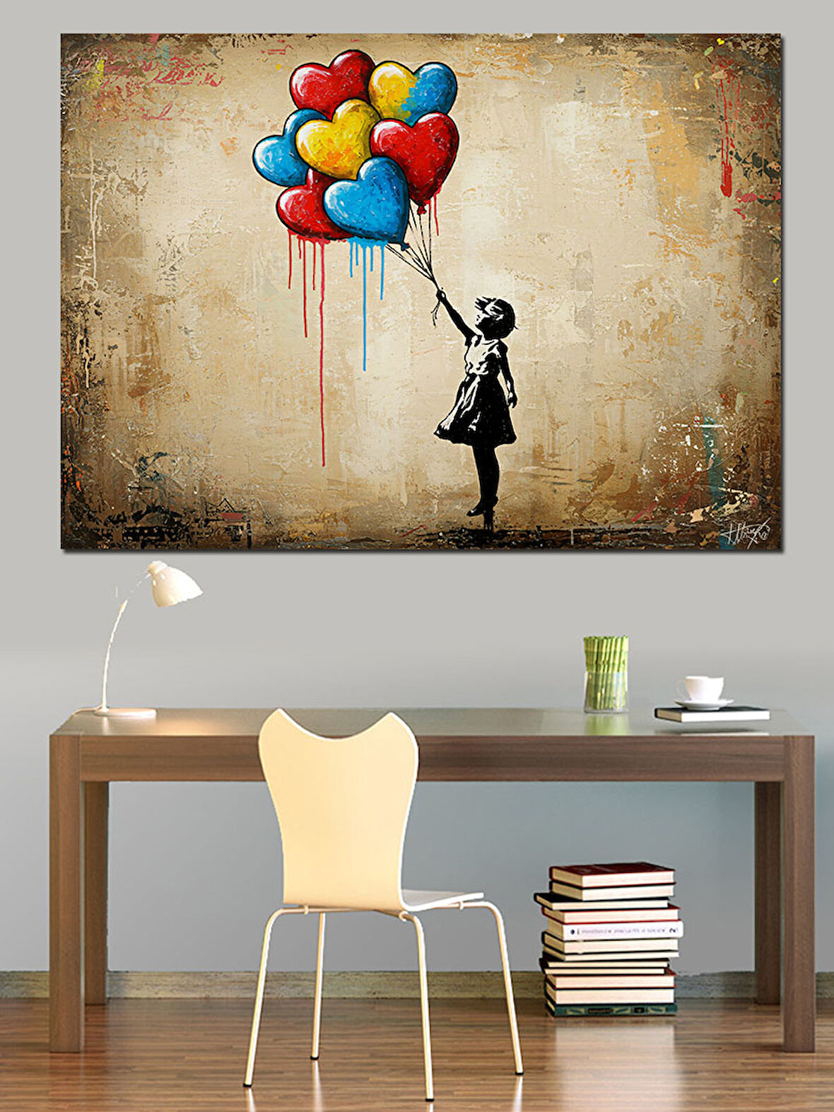 Balon Tutan Çocuk Grafiti Dekoratif Kanvas - Mdf Ahşap Tablo