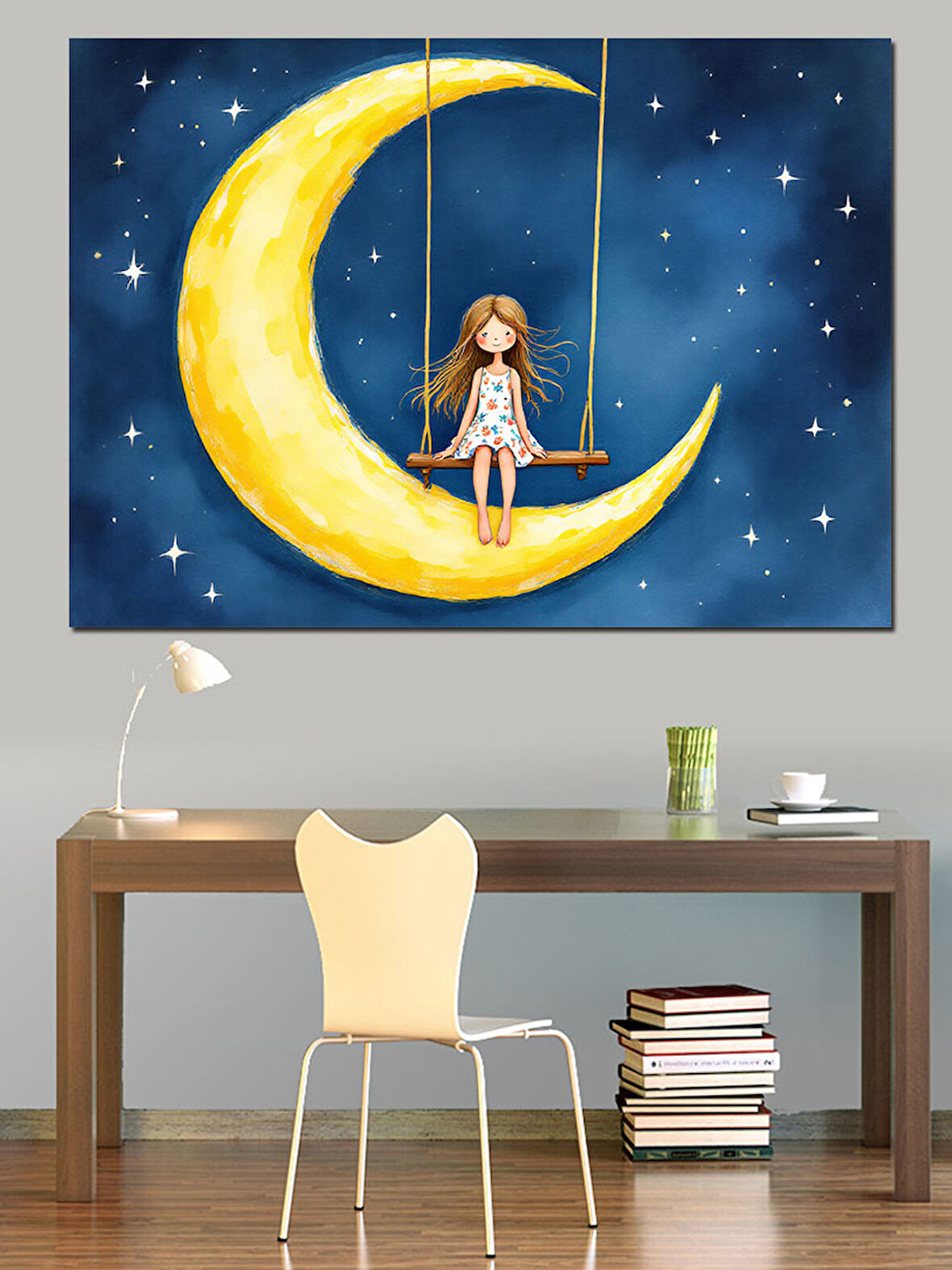 Ay Işığında Oturan Kız Dekoratif Kanvas - Mdf Ahşap Tablo