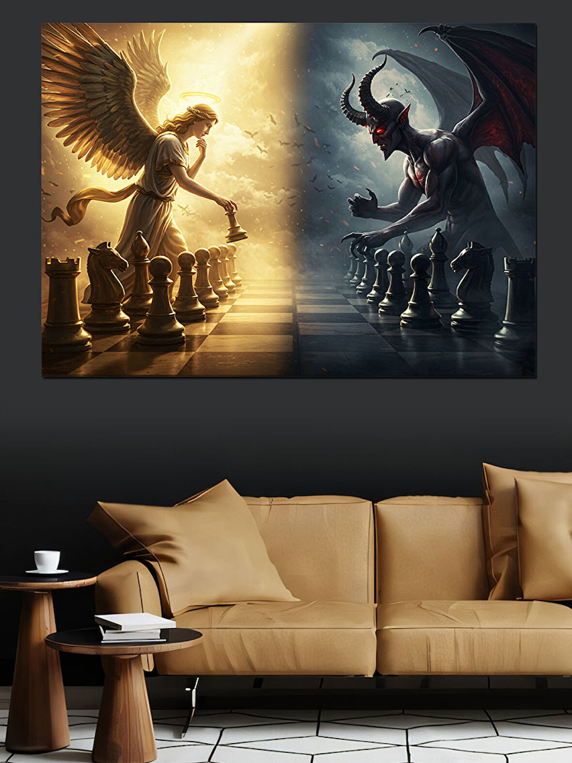 Melek ve Şeytan Satranç Dekoratif Kanvas - Mdf Ahşap Tablo