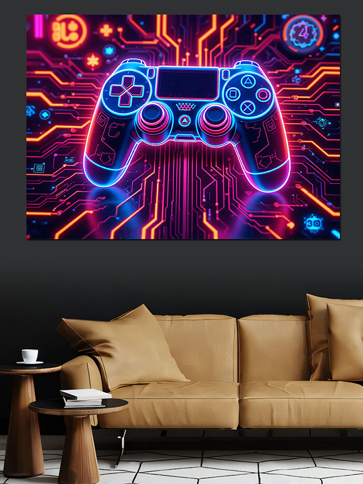 RGB Neon Oyun Kumandası Dekoratif Kanvas - Mdf Ahşap Tablo