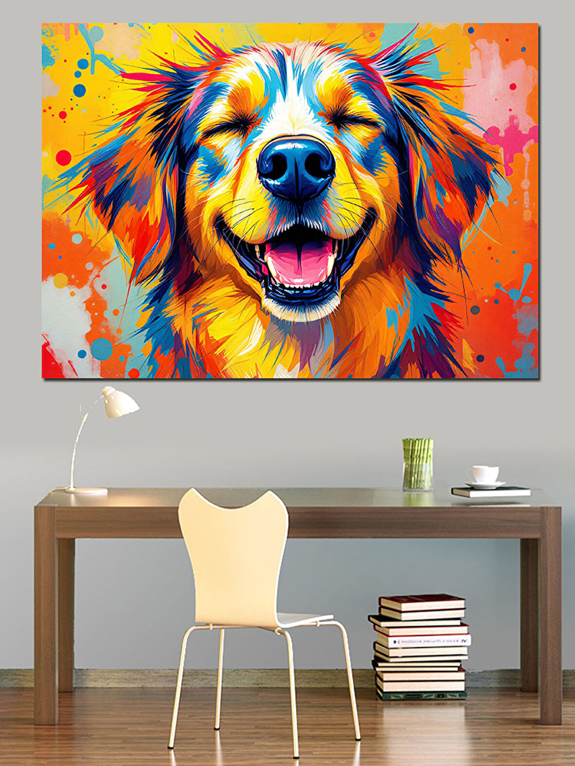 Neşeli Renkli Köpek Portresi Dekoratif Kanvas - Mdf Ahşap Tablo