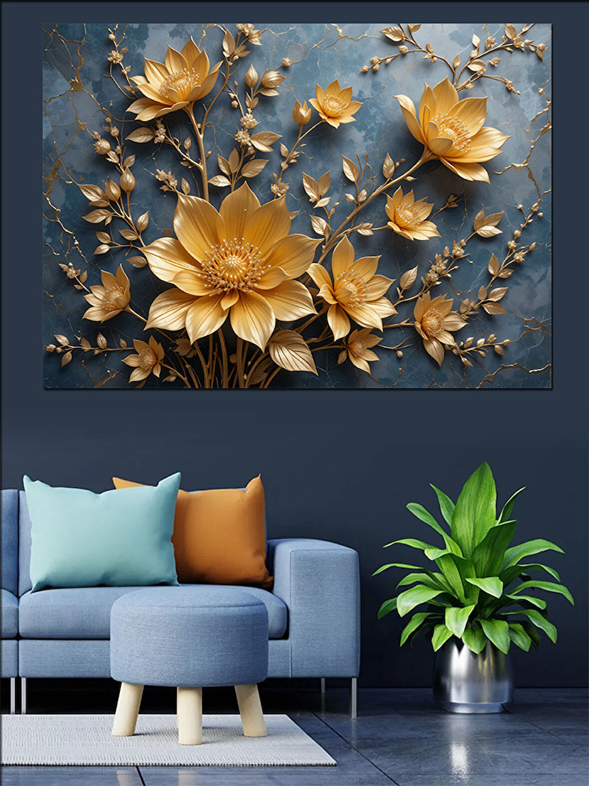 Altın Kabartmalı Lotus Çiçekleri Dekoratif Kanvas - Mdf Ahşap Tablo