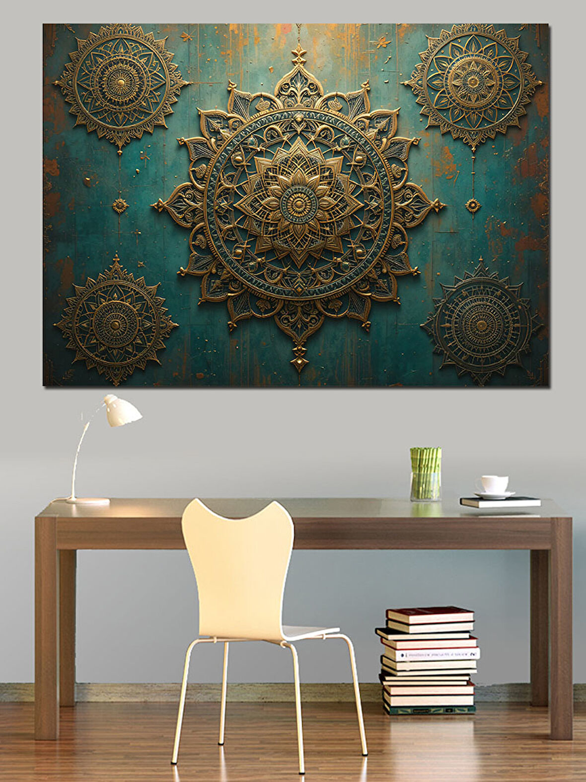 Altın Kabartmalı Mandala Motifi Dekoratif Kanvas - Mdf Ahşap Tablo