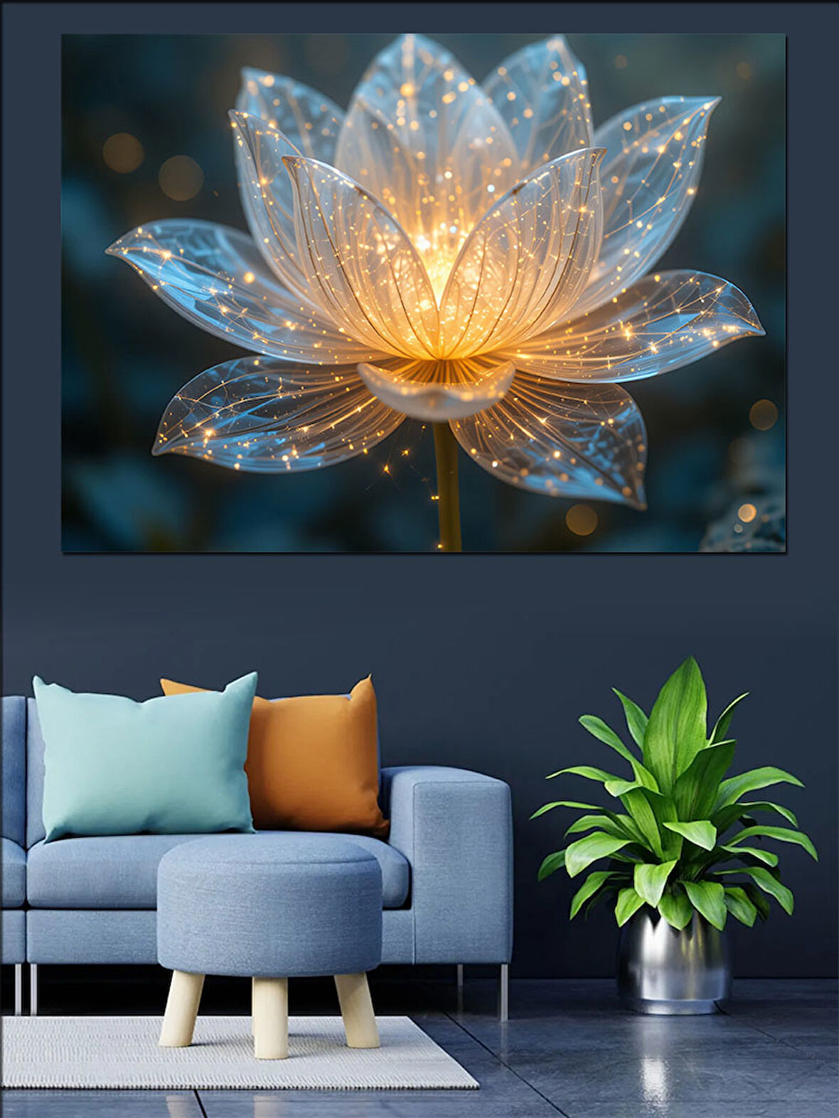 Işıklı Kristal Lotus Çiçeği Dekoratif Kanvas - Mdf Ahşap Tablo