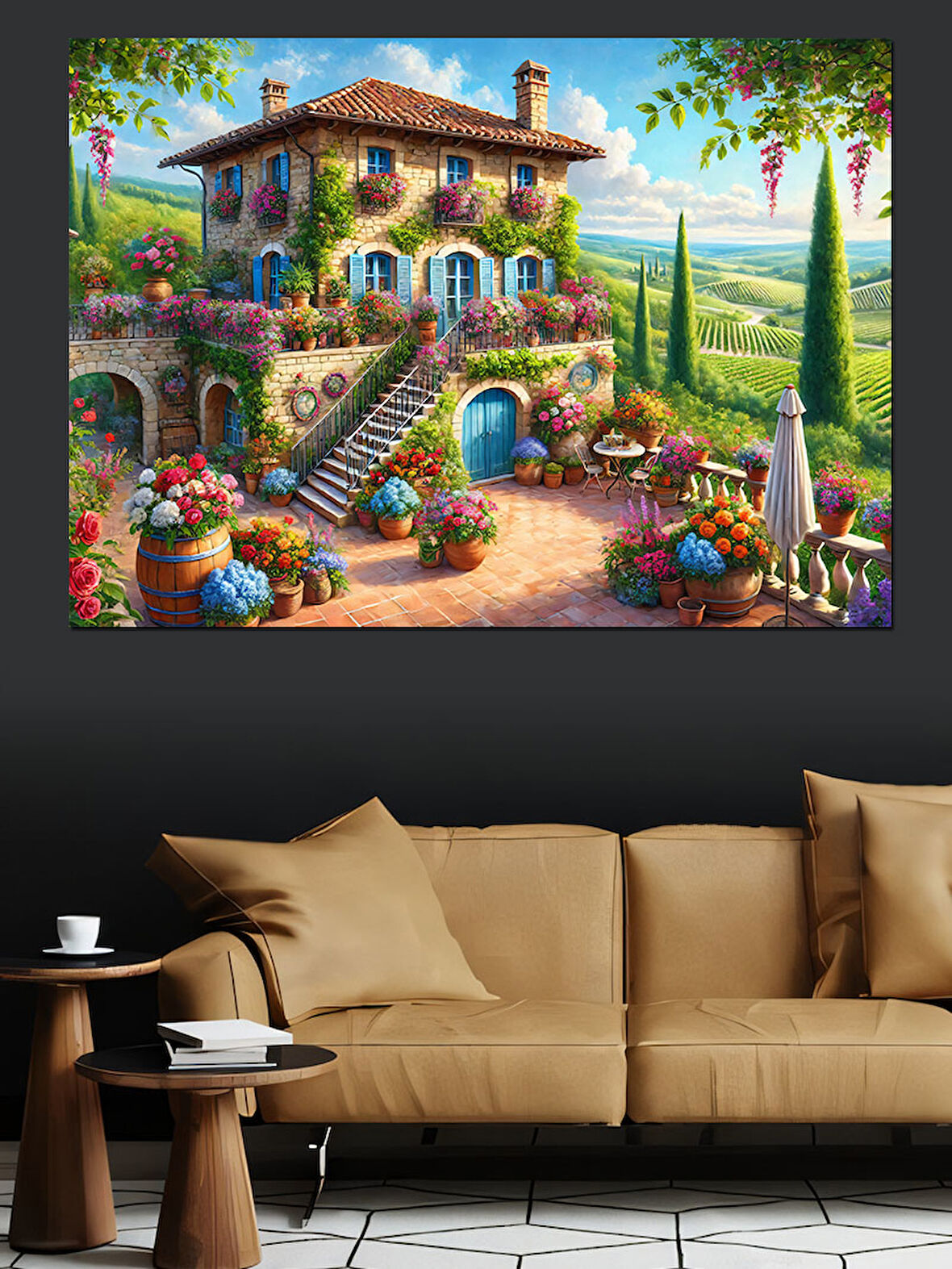 Renkli Toskana Tarzı Villa Dekoratif Kanvas - Mdf Ahşap Tablo