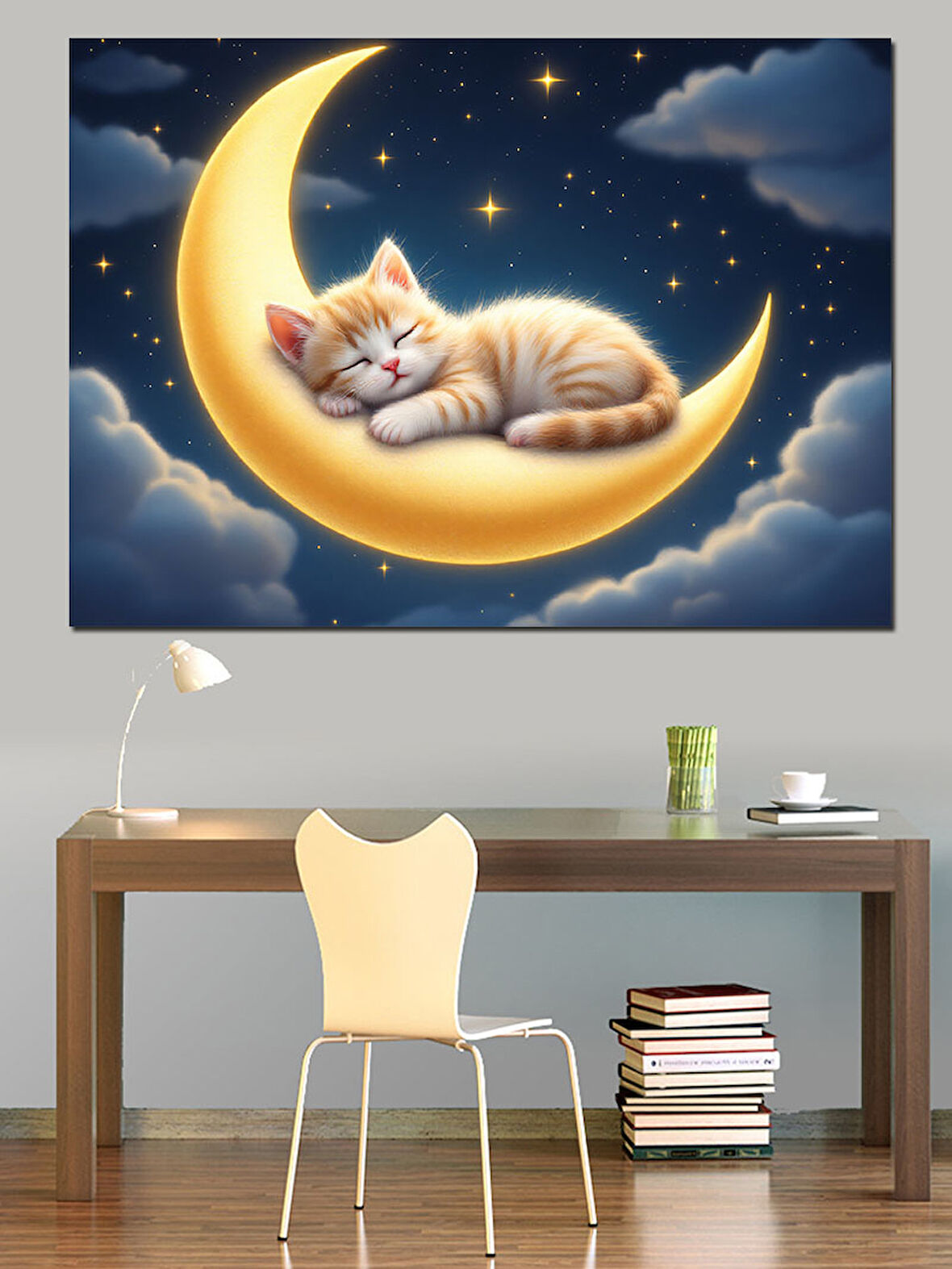 Ay Üstünde Uyuyan Kedi Dekoratif Kanvas - Mdf Ahşap Tablo