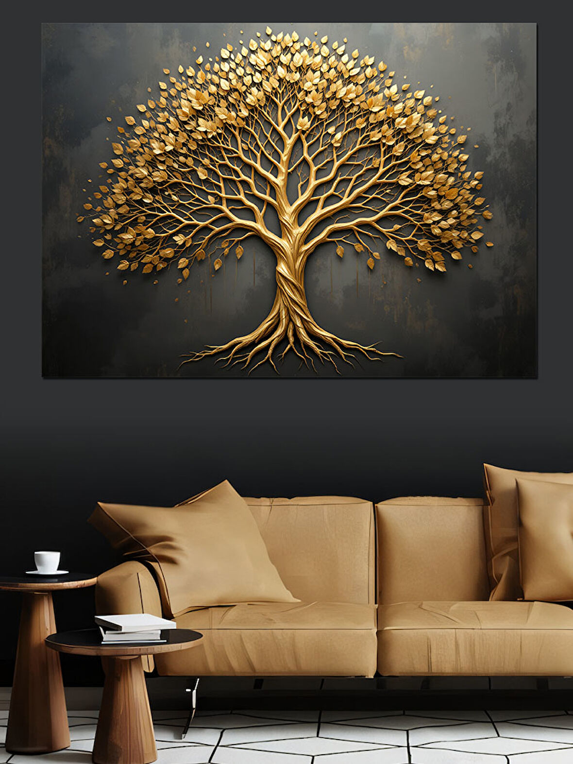 Altın Renkli Hayat Ağacı Dekoratif Kanvas - Mdf Ahşap Tablo
