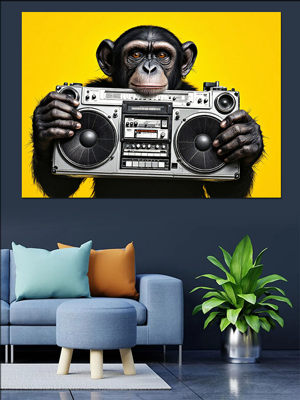 Boombox Tutan Havalı Maymun Dekoratif Kanvas - Mdf Ahşap Tablo