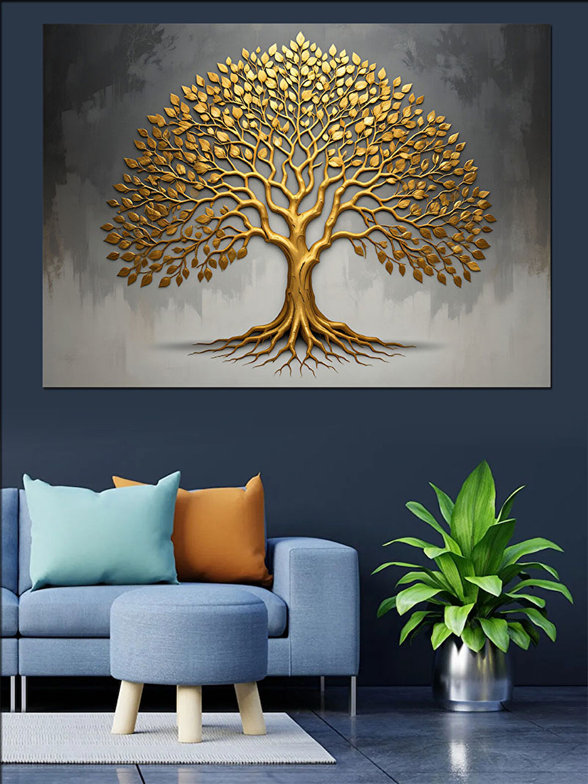 Altın Renkli Hayat Ağacı Dekoratif Kanvas - Mdf Ahşap Tablo