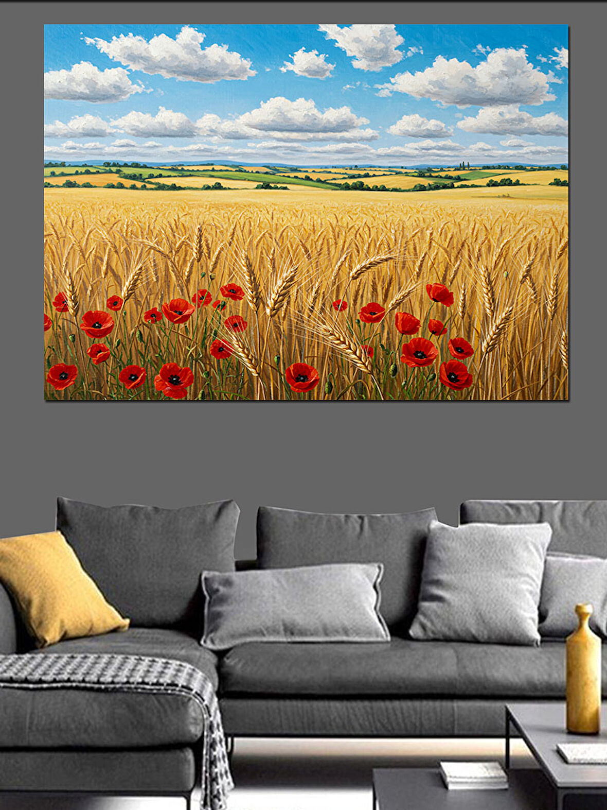 Gelinciklerle Dolu Buğday Tarlası Dekoratif Kanvas - Mdf Ahşap Tablo