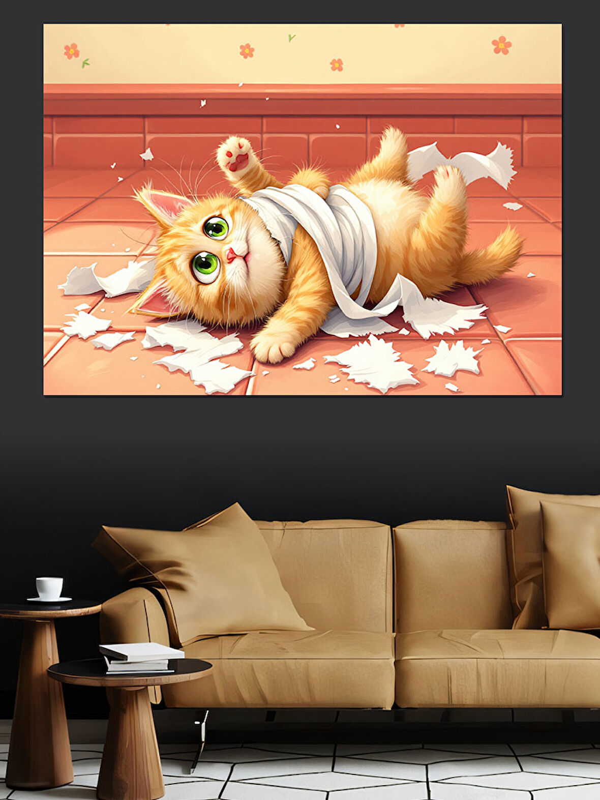 Tuvalet Kağıdı Ve Şaşkın Kedi Dekoratif Kanvas - Mdf Ahşap Tablo