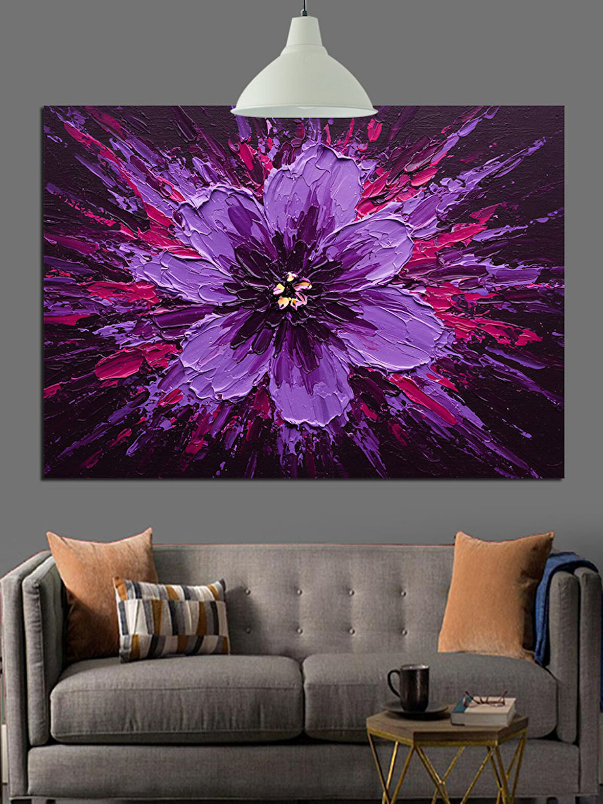 Koyu Fon Üzerinde Mor Çiçek Dekoratif Kanvas - Mdf Ahşap Tablo