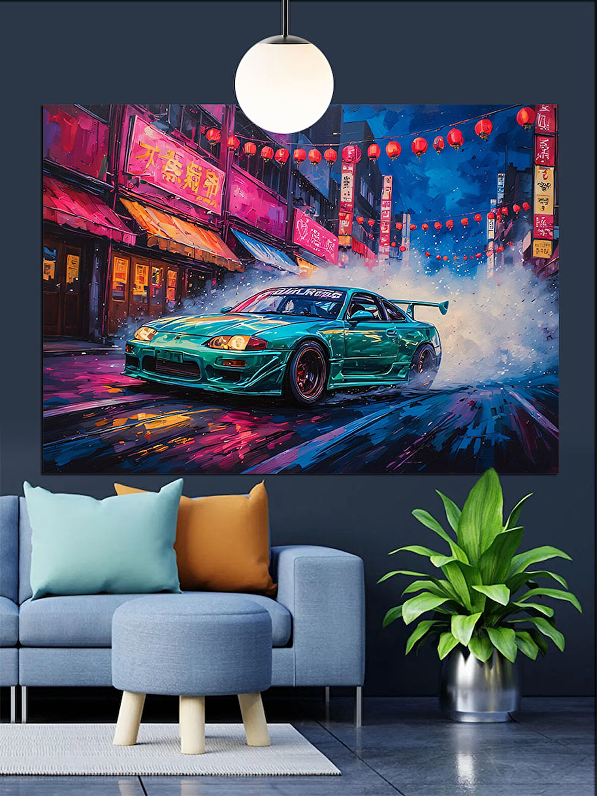 Neon Işıklar Altında Spor Araba Dekoratif Kanvas - Mdf Ahşap Tablo