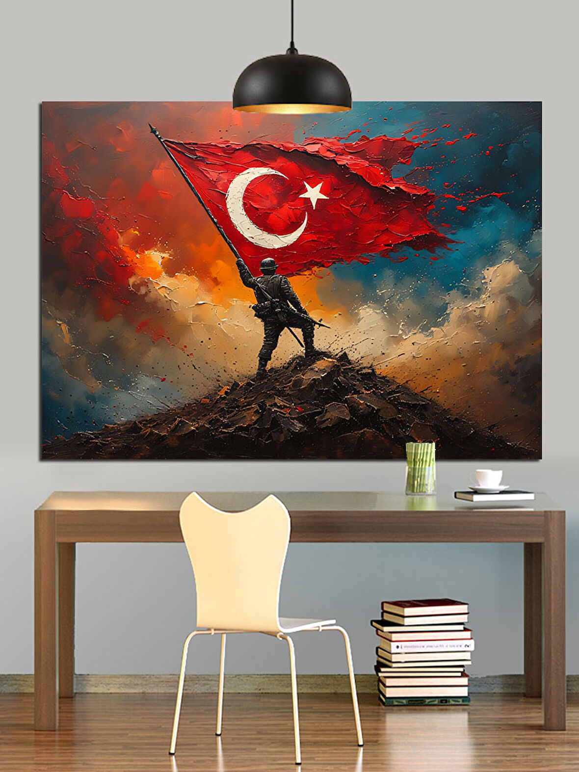 Bayrak Tutan Asker Silüeti Dekoratif Kanvas - Mdf Ahşap Tablo