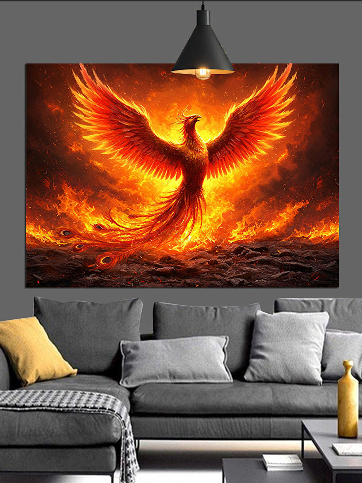 Alevler İçinde Anka Kuşu Dekoratif Kanvas - Mdf Ahşap Tablo