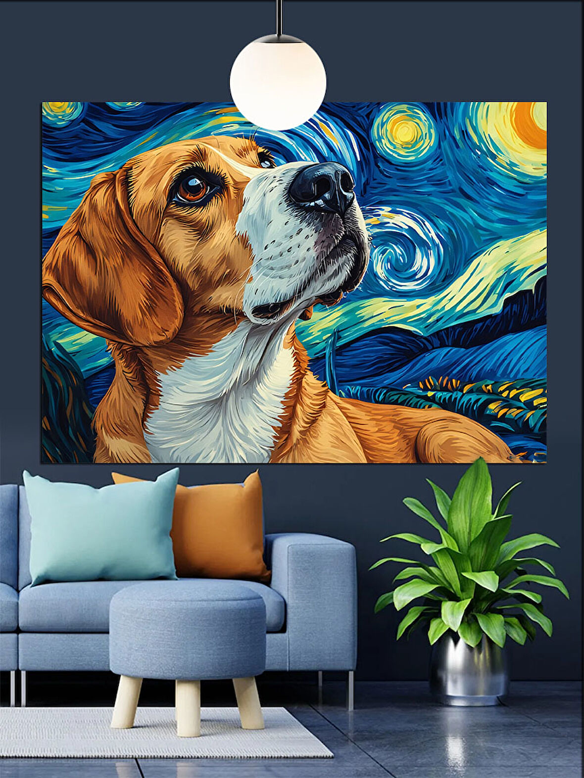 Yıldızlı Gökyüzünde Beagle Köpek Dekoratif Kanvas - Mdf Ahşap Tablo