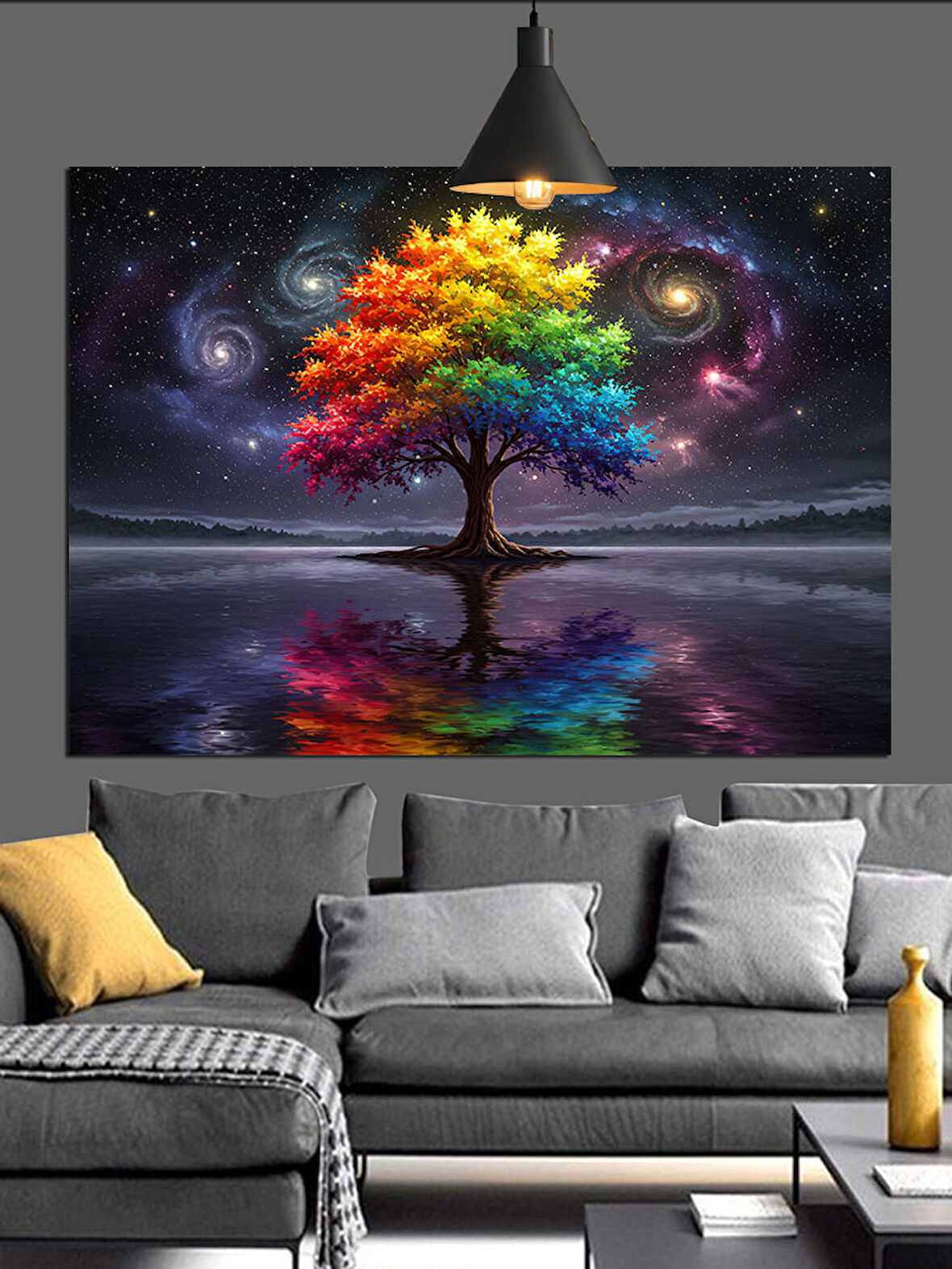 Gökkuşağı Renklerinde Yemyeşil Hayat Ağacı Dekoratif Kanvas - Mdf Ahşap Tablo