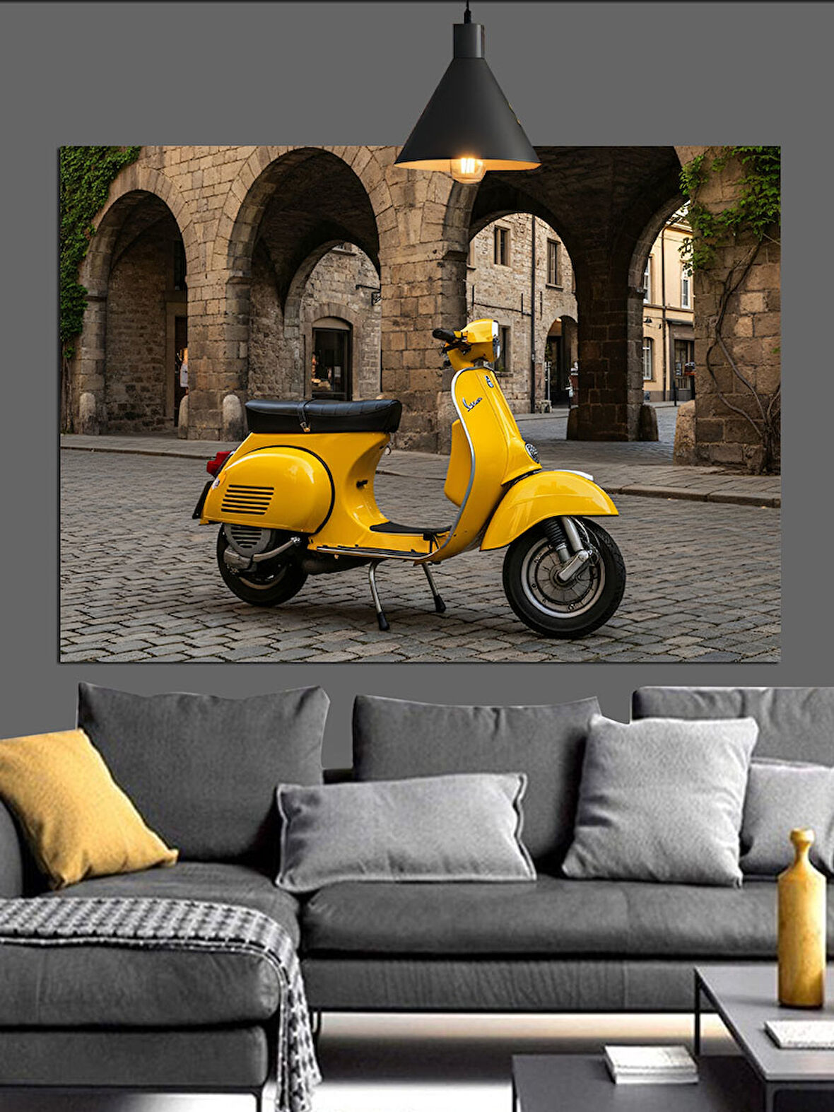 Sarı Renkte Vespa Scooter Motosiklet Dekoratif Kanvas - Mdf Ahşap Tablo