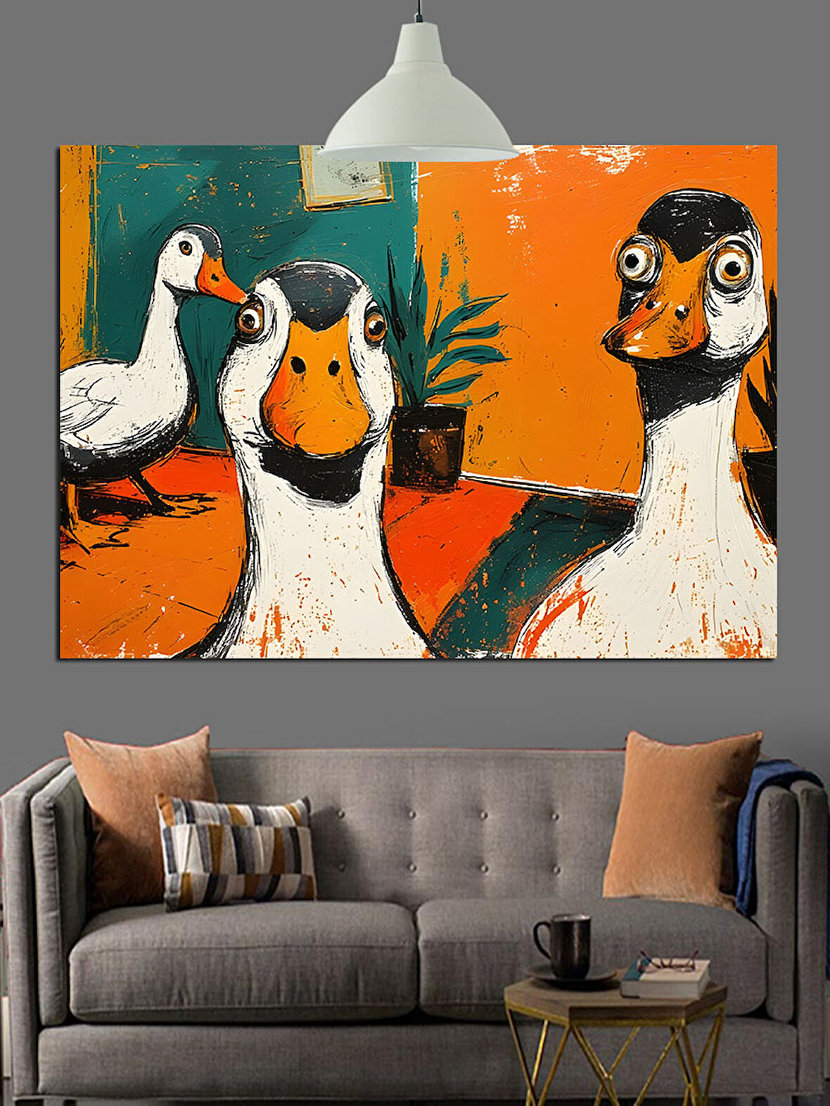Üç Beyaz Ördek Komik Hayvan Portresi Dekoratif Kanvas - Mdf Ahşap Tablo