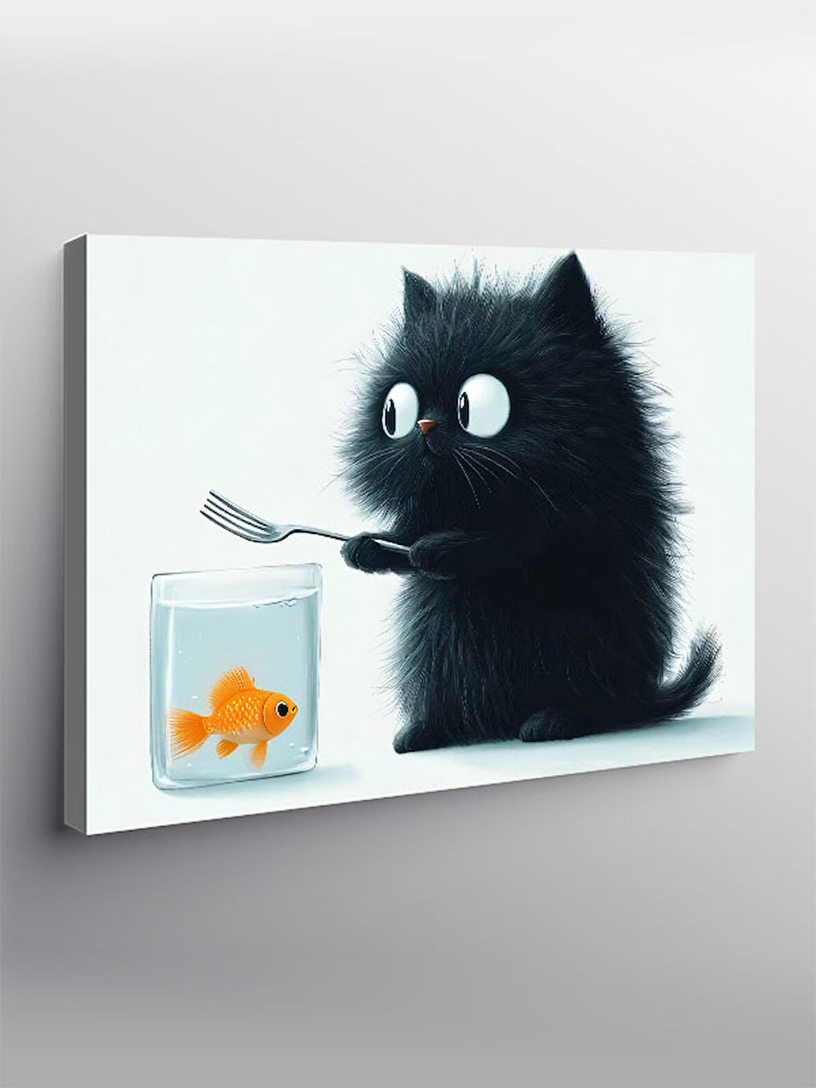 Kanvas Tablo Akvaryum Balıklı Kara Kedi 100cmx140cm