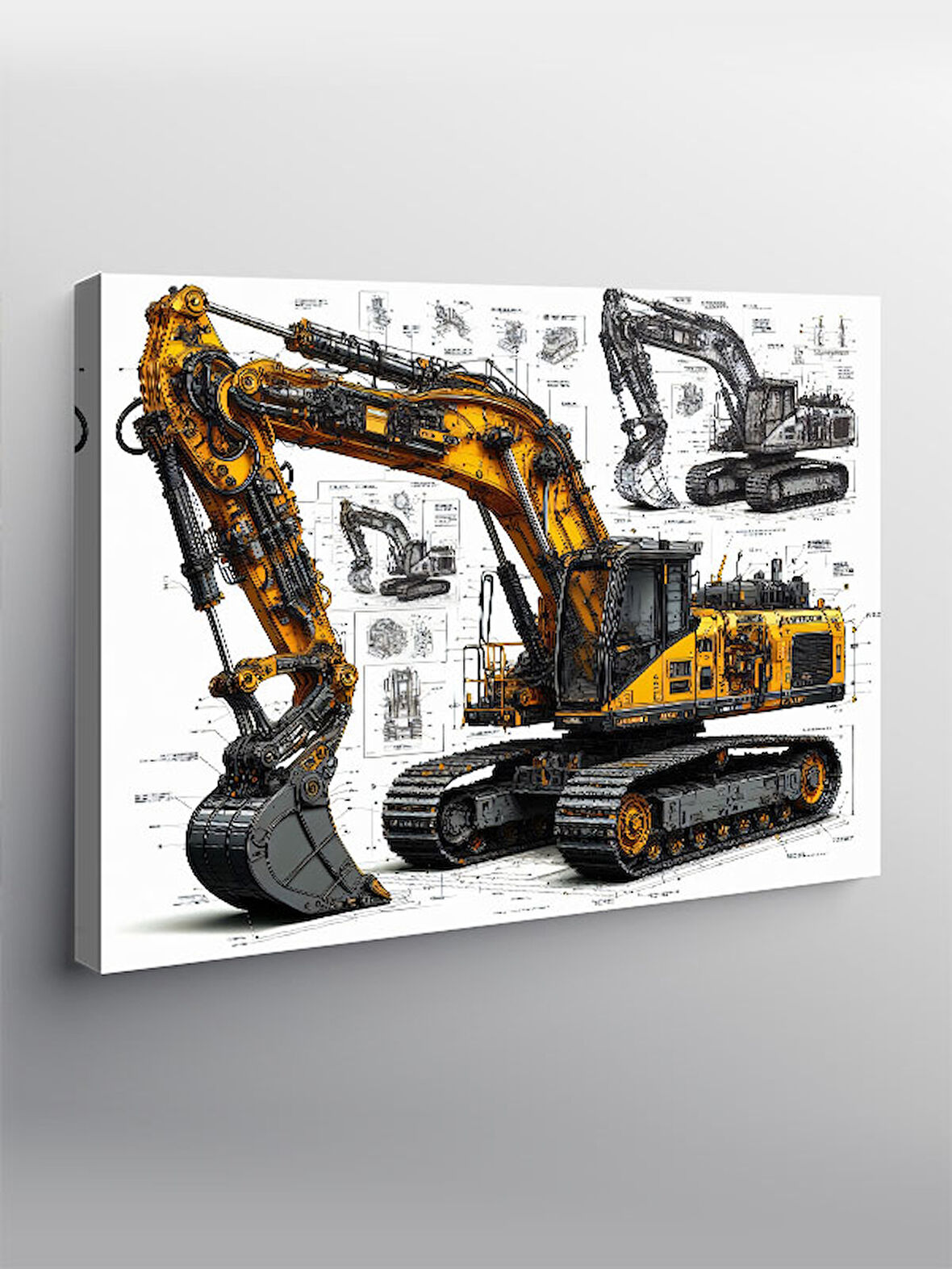 Kanvas Tablo Sarı Ekskavatör Teknik Çizimi 100cmx140cm