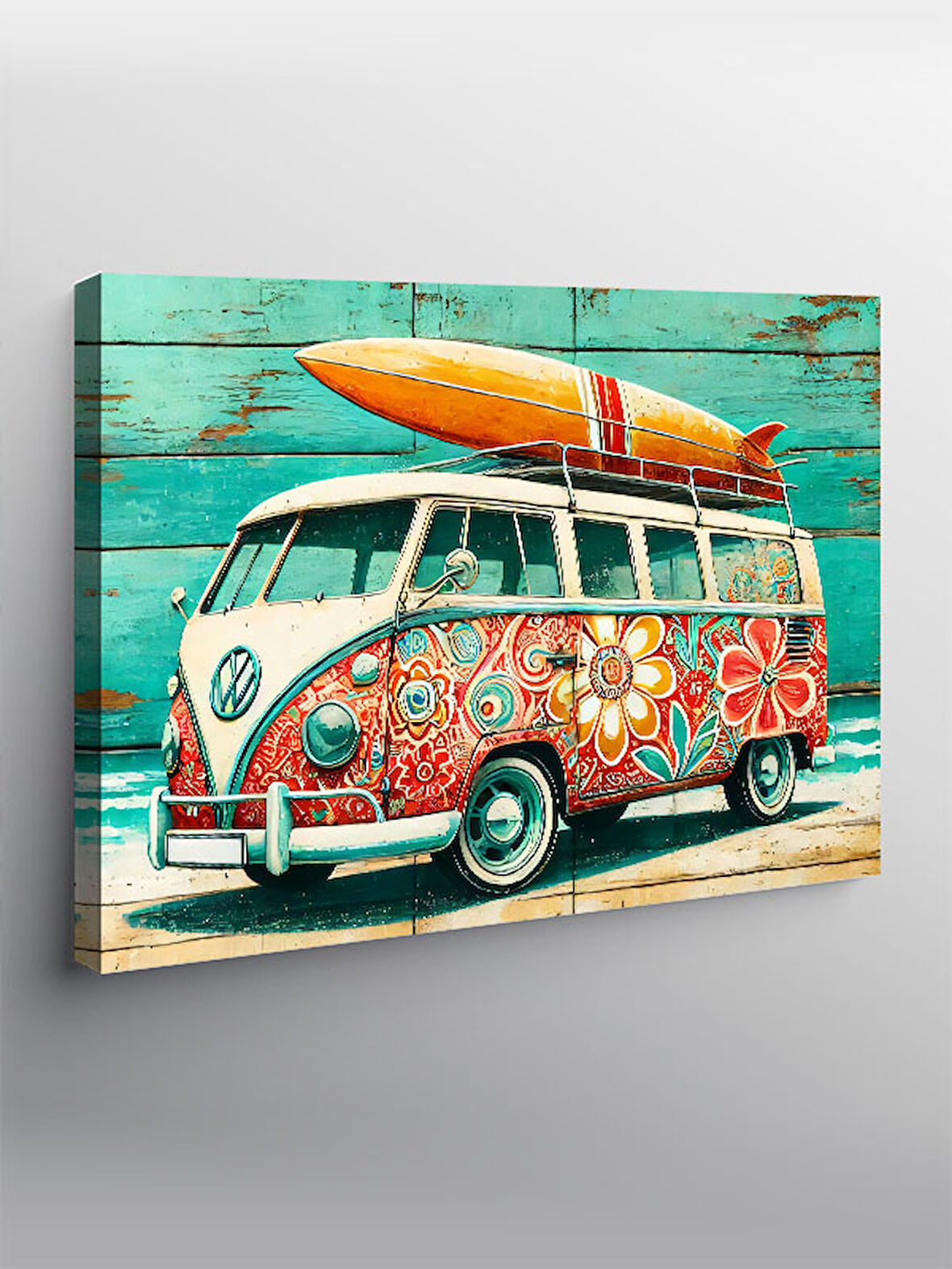 Kanvas Tablo Çiçek Desenli Retro Minibüs 50cmx70cm