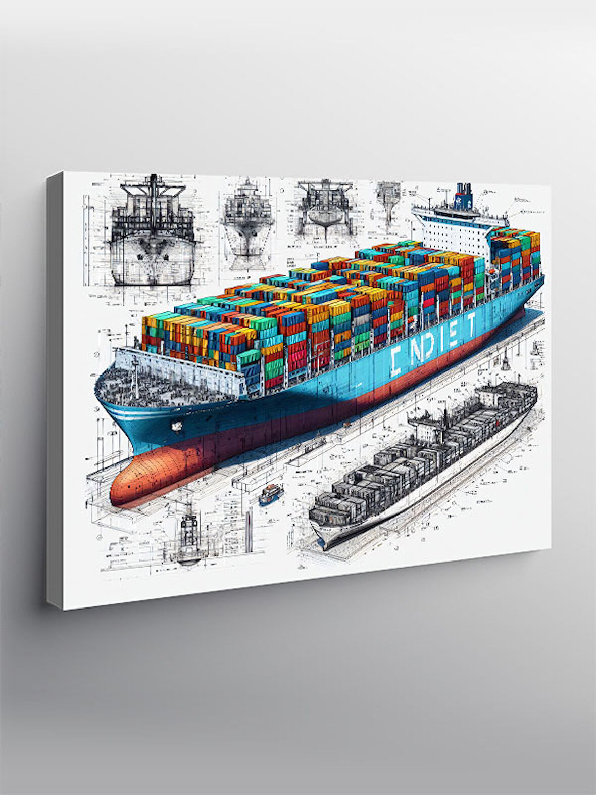 Kanvas Tablo Konteyner Gemisi Teknik Çizimi 50cmx70cm
