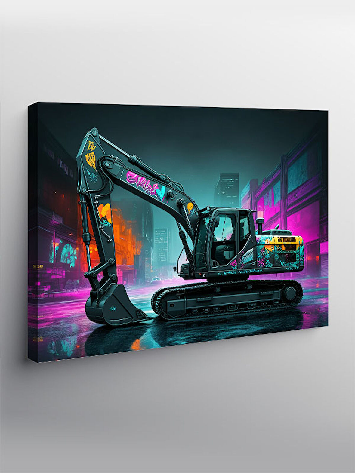 Kanvas Tablo Neon Işıklı Ekskavatör Tasarımı 50cmx70cm