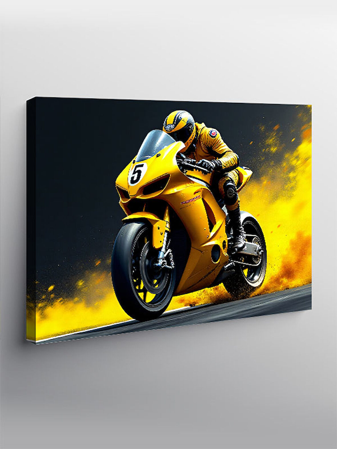 Kanvas Tablo Sarı Yarış Motoru 100cmx140cm