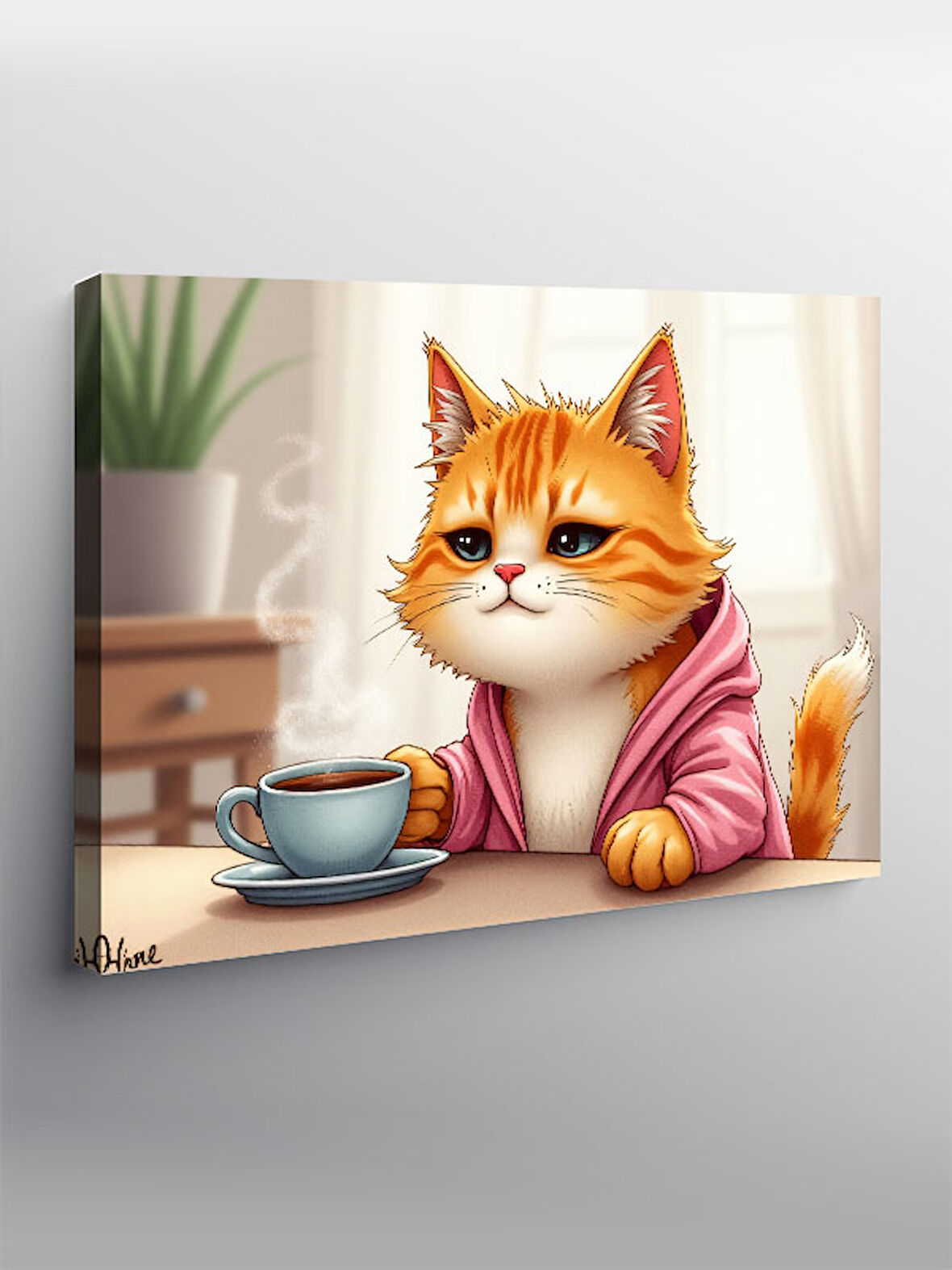 Kanvas Tablo Çay İçen Sevimli Kedi 70cmx100cm