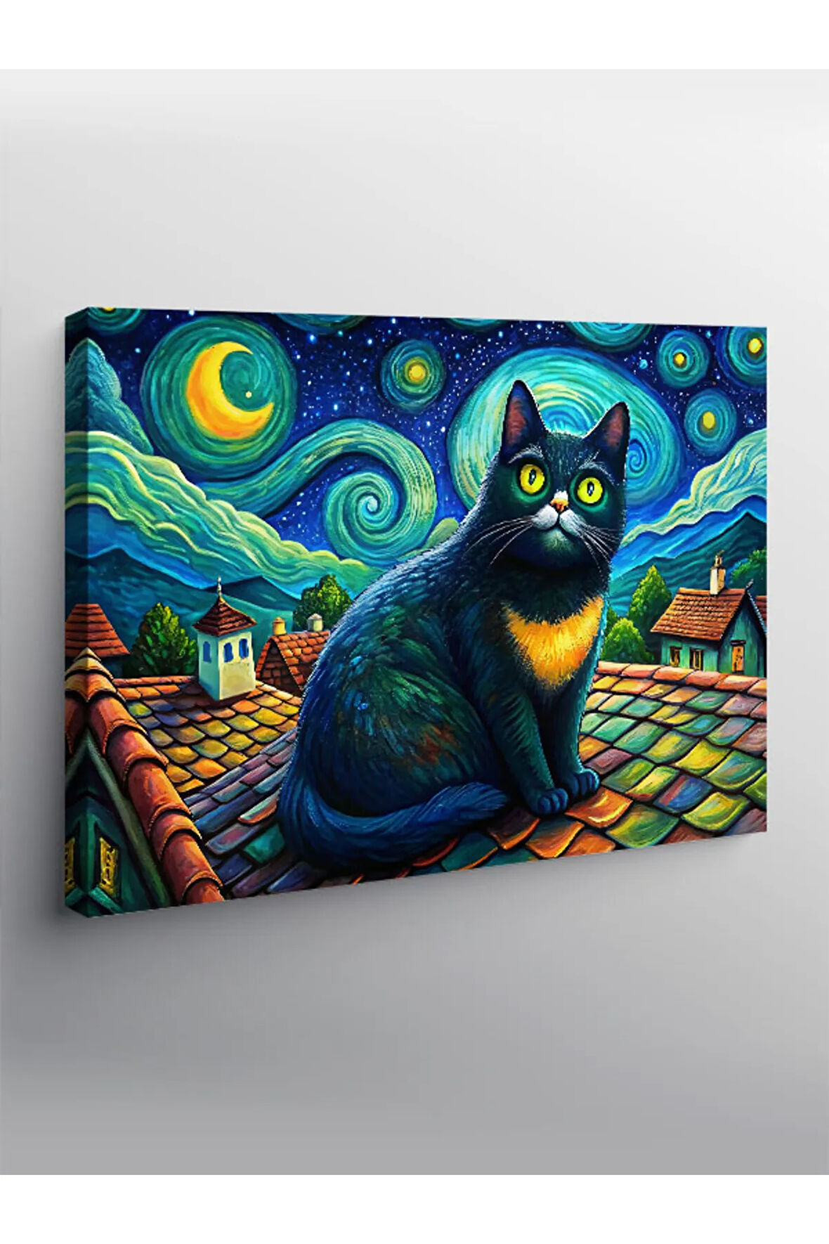 Kanvas Tablo Sevimli Siyah Kedi Ve Retro Evler