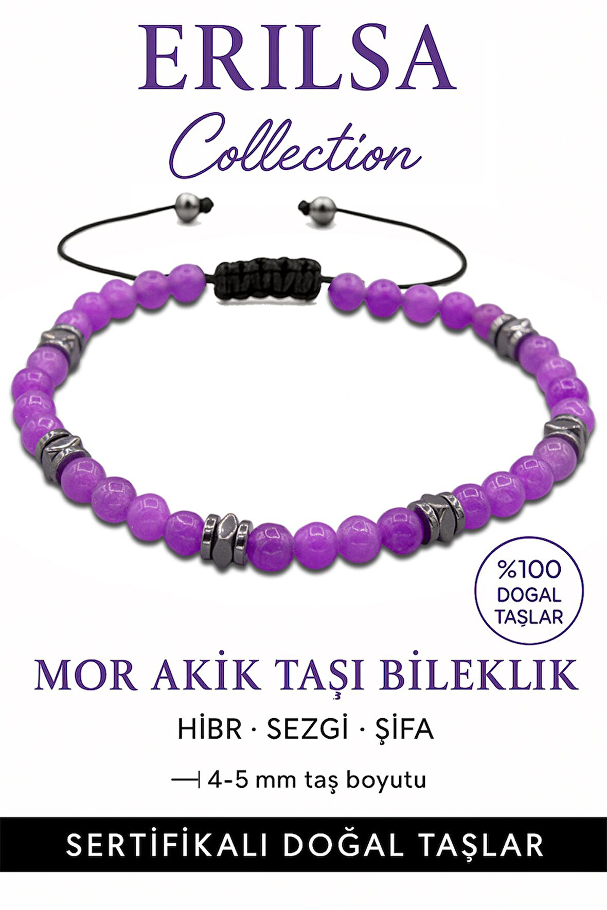 Sertifikalı Terahertz - Mor Akik Taşı Bileklik - İnce Model İç Huzur ve Konsantrasyon